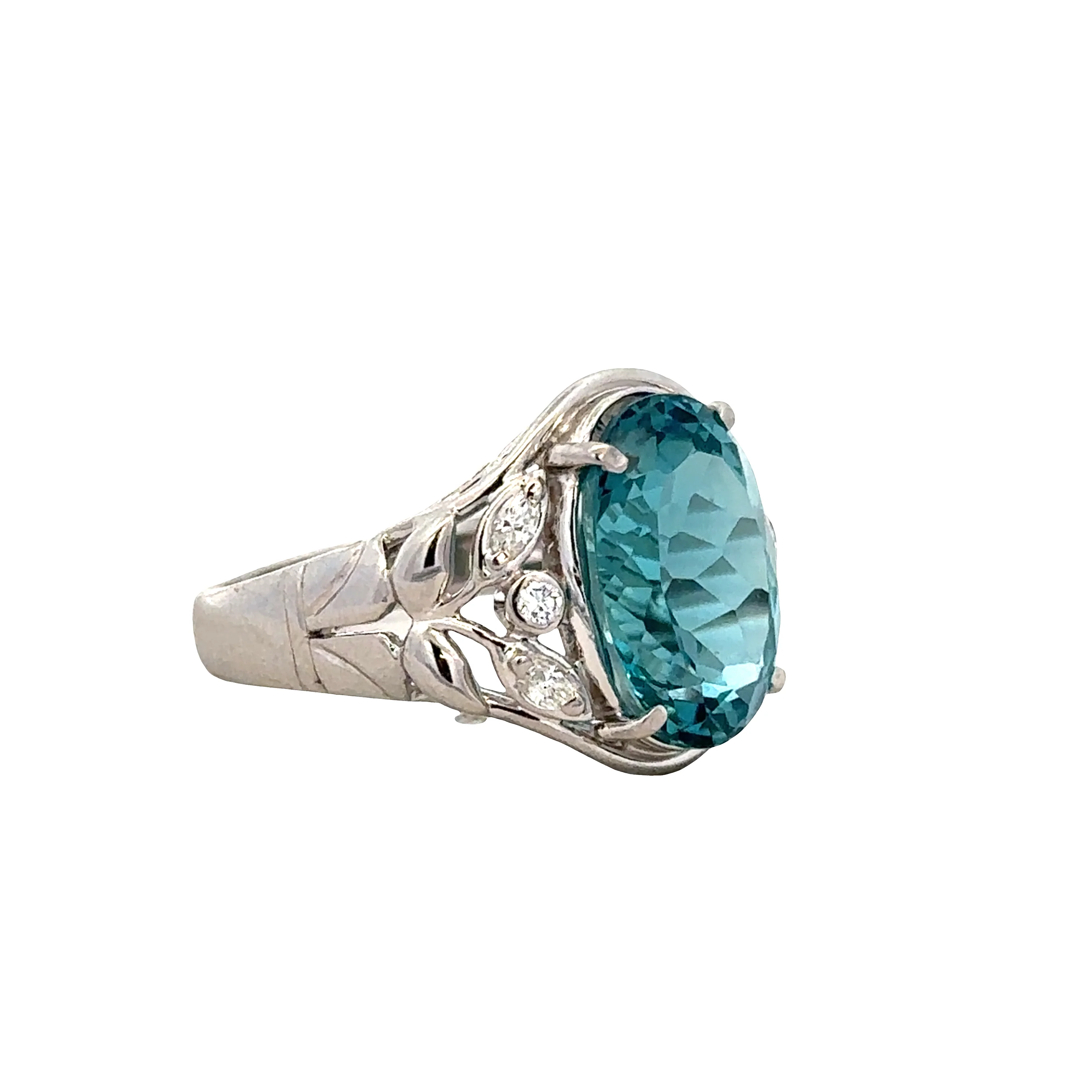 Platinum Blue Zircon and Diamond Foliate Ring – Size 9.5 - Image 2