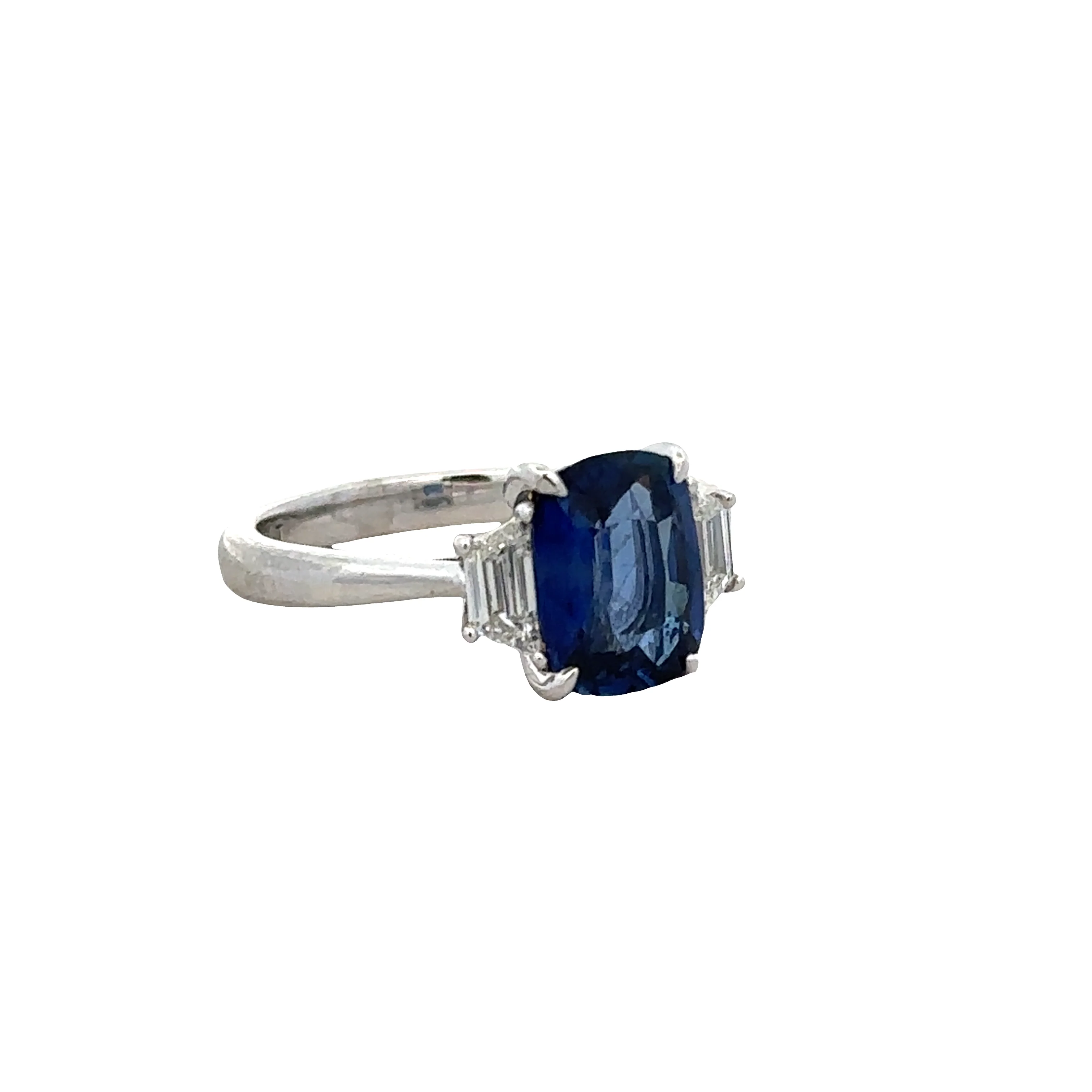 Platinum Cushion Cut Sapphire & Trapezoid Diamond Ring – Size 6.25 - Image 2