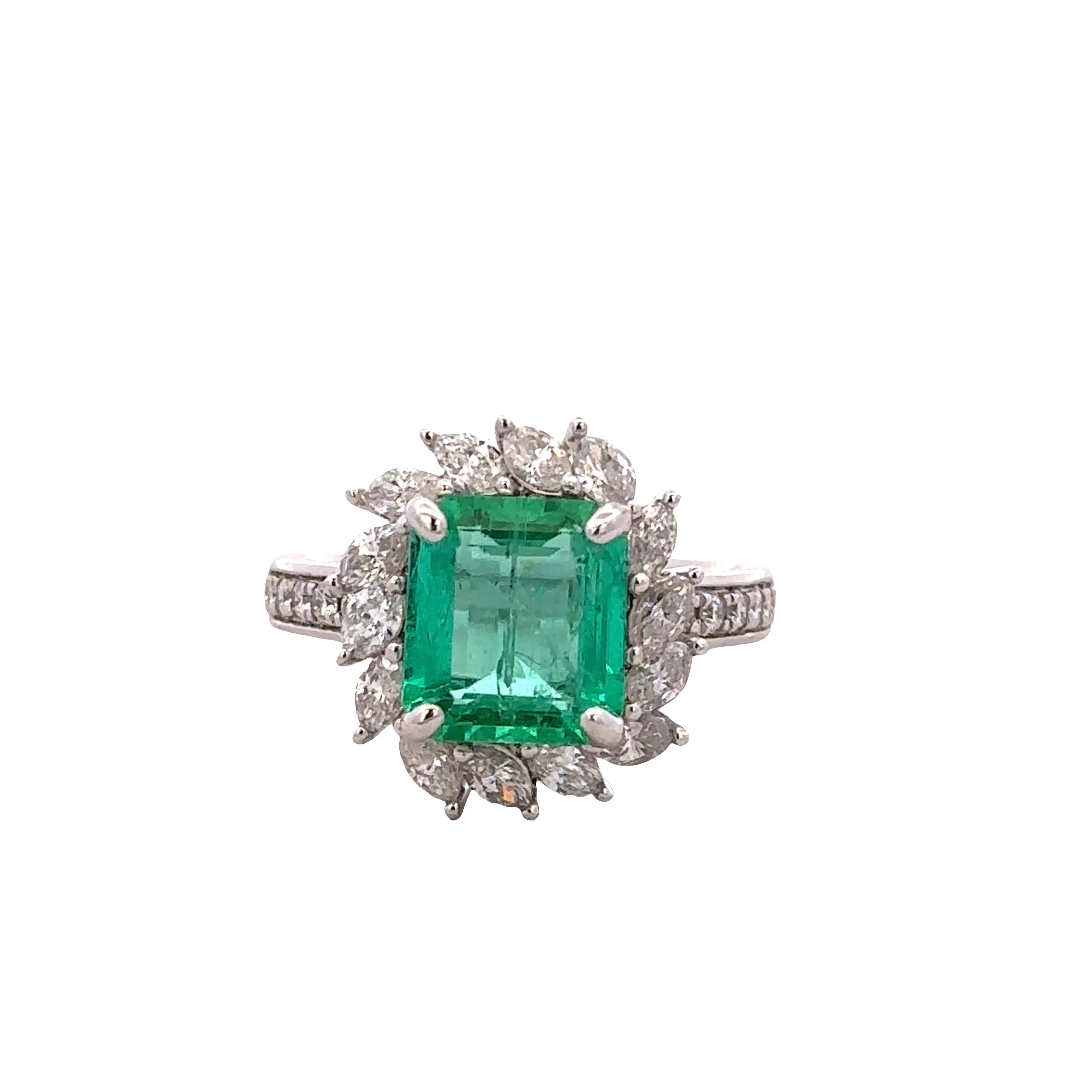 Platinum Emerald and Marquise Diamond Halo Ring – Size 6
