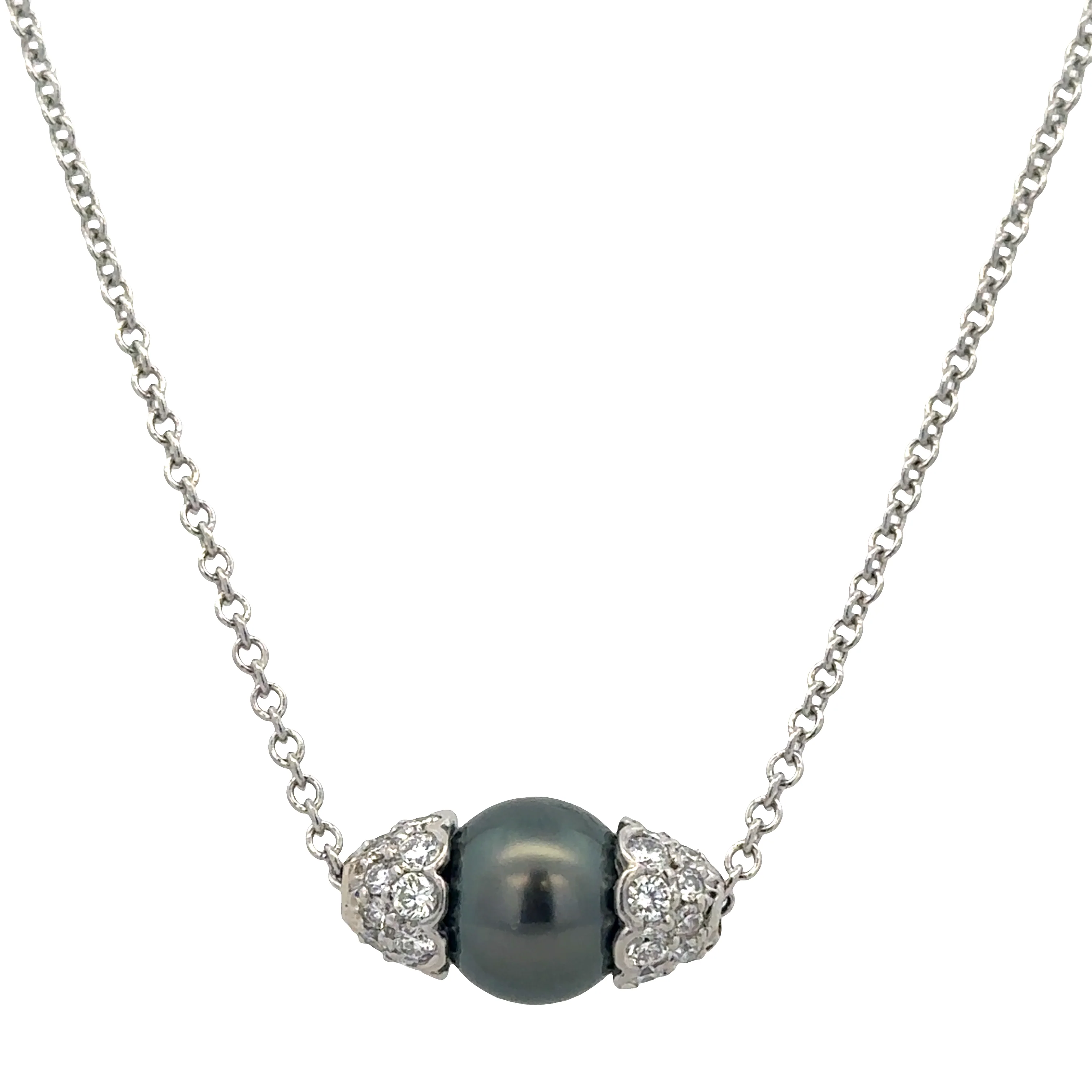Platinum Tahitian Pearl & Diamond Cluster Necklace – 17"