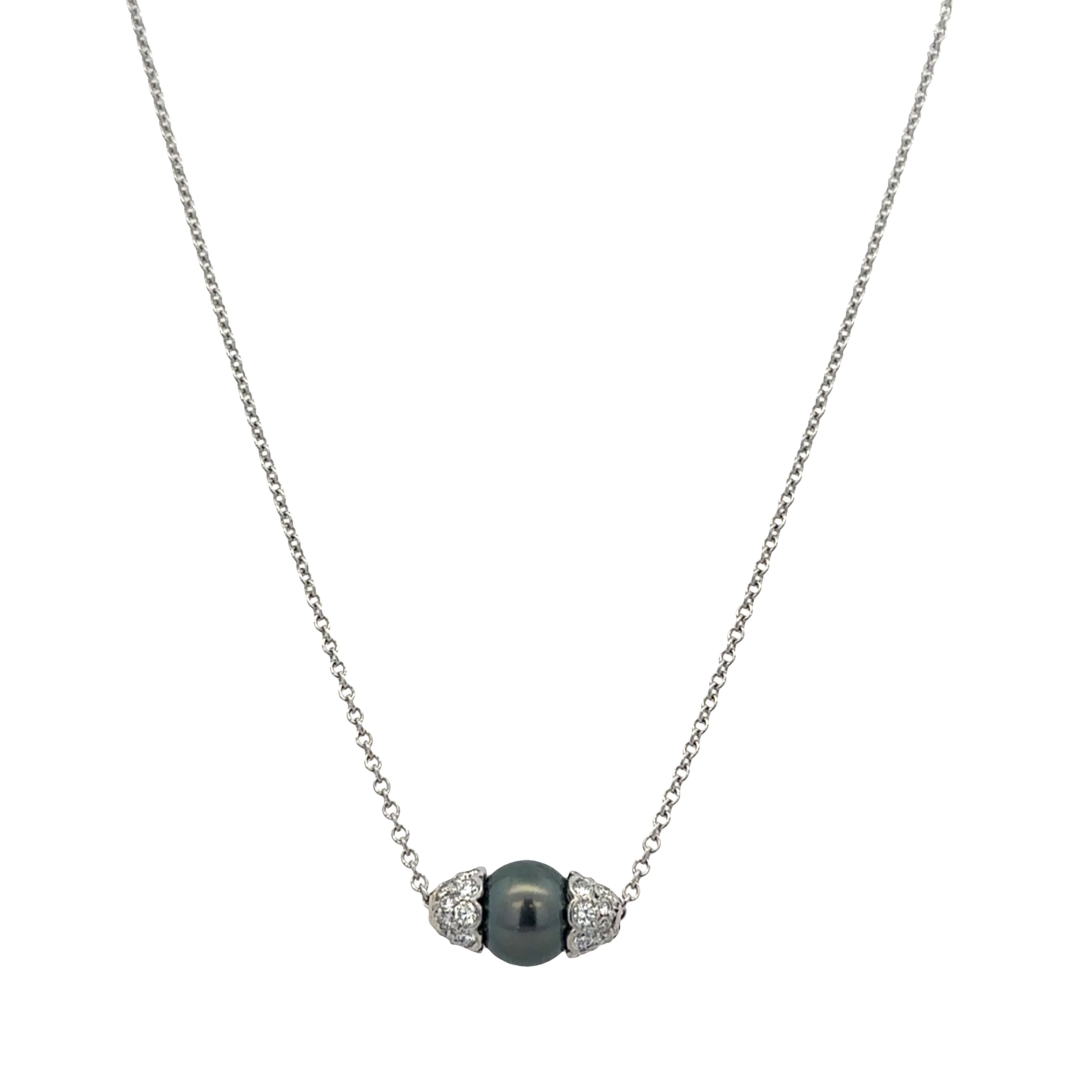 Platinum Tahitian Pearl & Diamond Cluster Necklace – 17" - Image 2