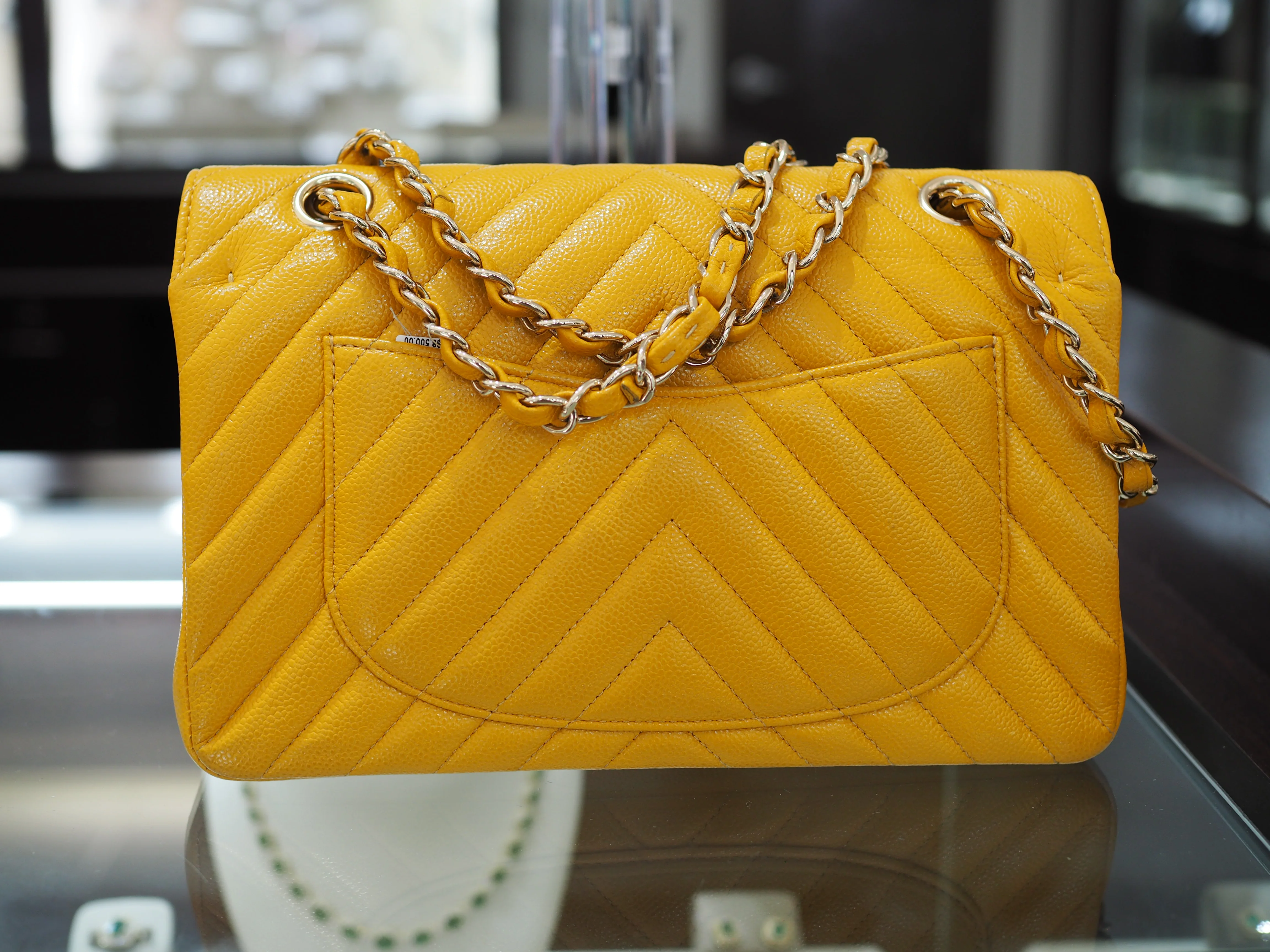 Pre-owned Chanel Yellow Medium Classic Chevron Lambskin Double Flap Mustard - Image 4
