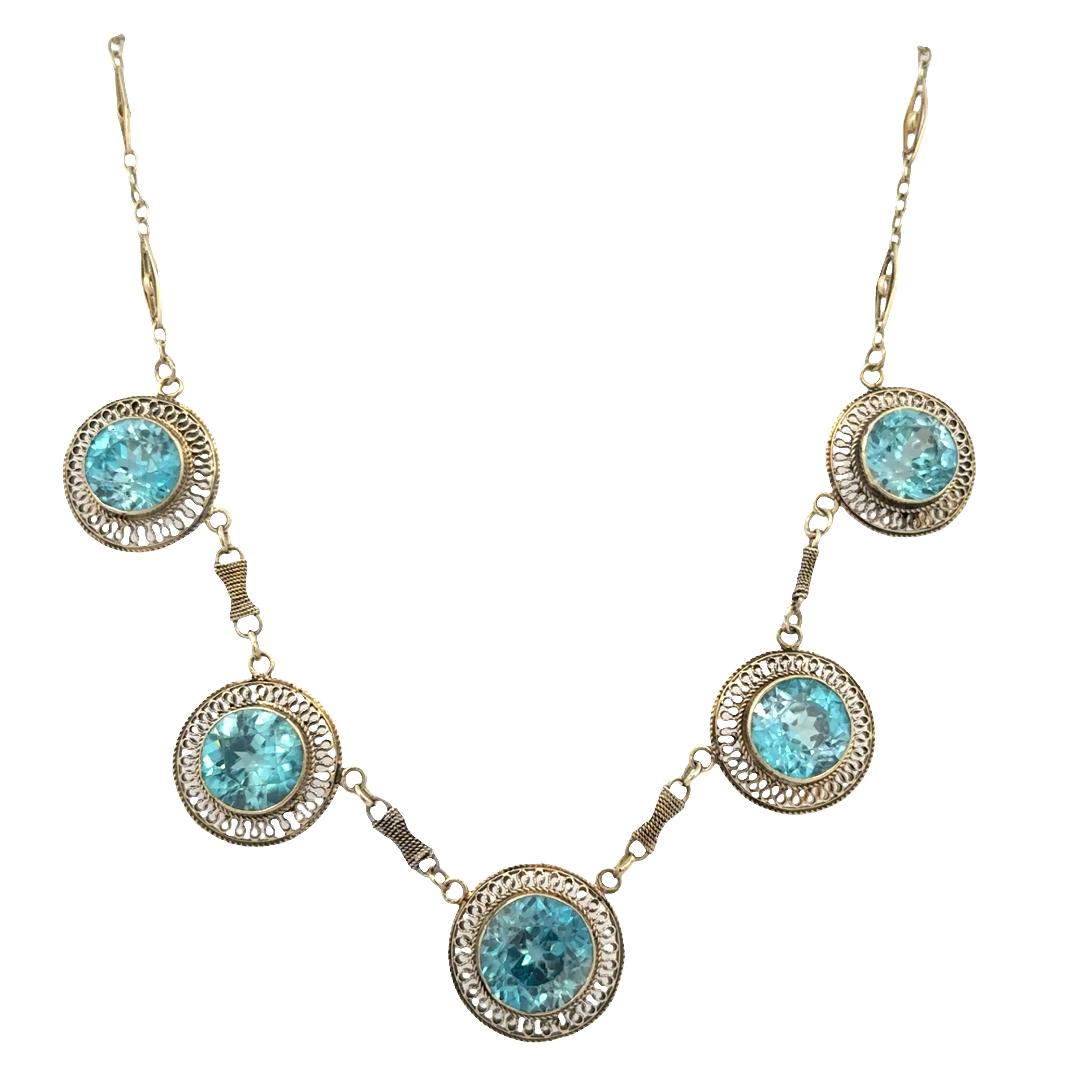 Rare Vintage Art Deco 14k Yellow Gold Blue Zircon Filigree Necklace – 18.5 Carats, Circa 1930s