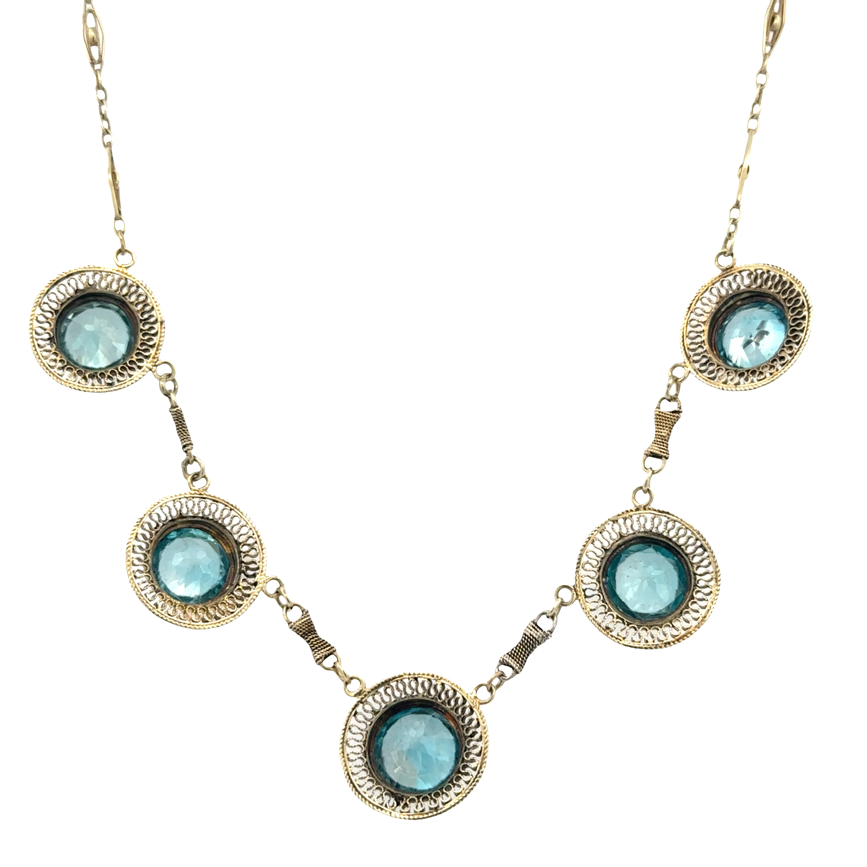 Rare Vintage Art Deco 14k Yellow Gold Blue Zircon Filigree Necklace – 18.5 Carats, Circa 1930s - Image 2