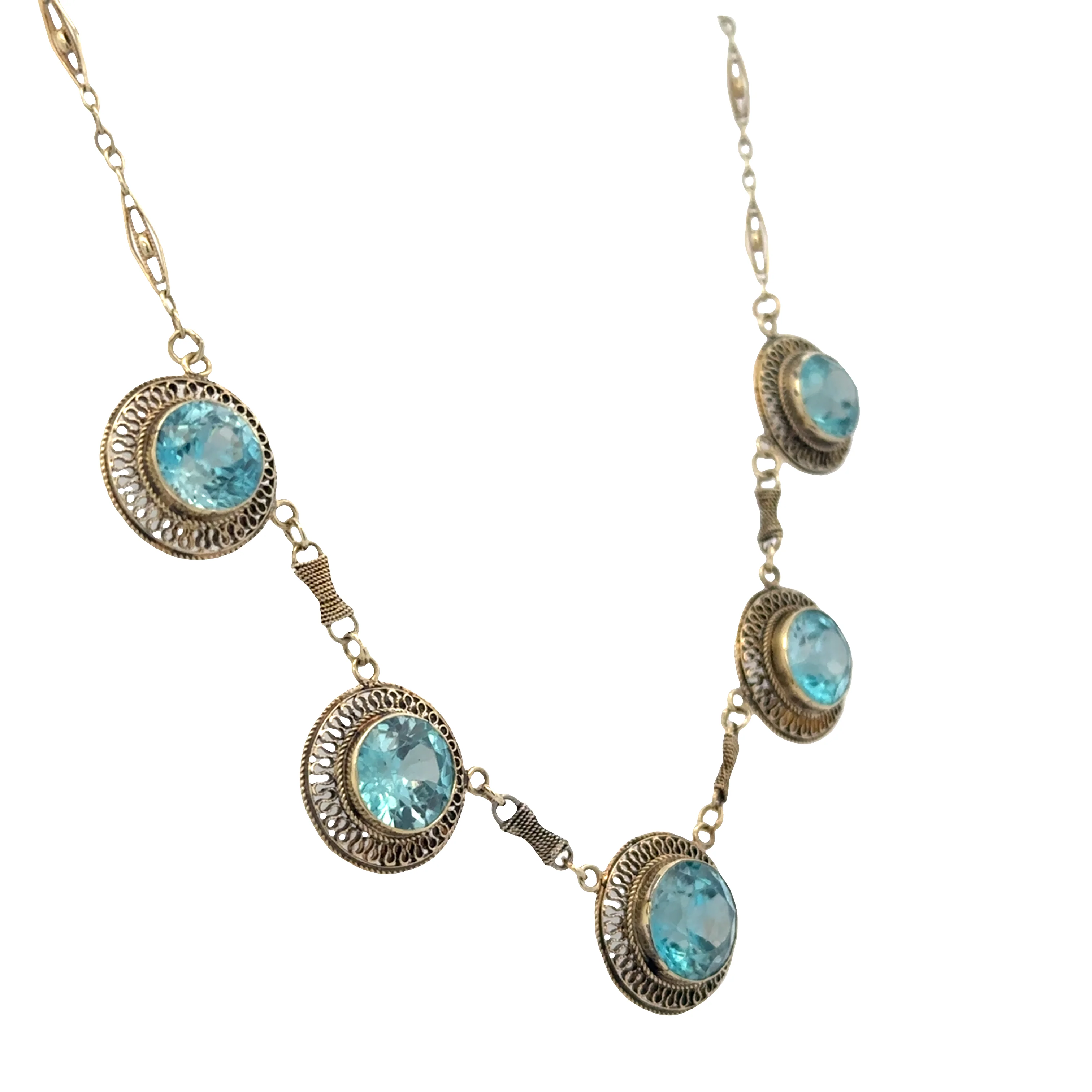 Rare Vintage Art Deco 14k Yellow Gold Blue Zircon Filigree Necklace – 18.5 Carats, Circa 1930s - Image 3
