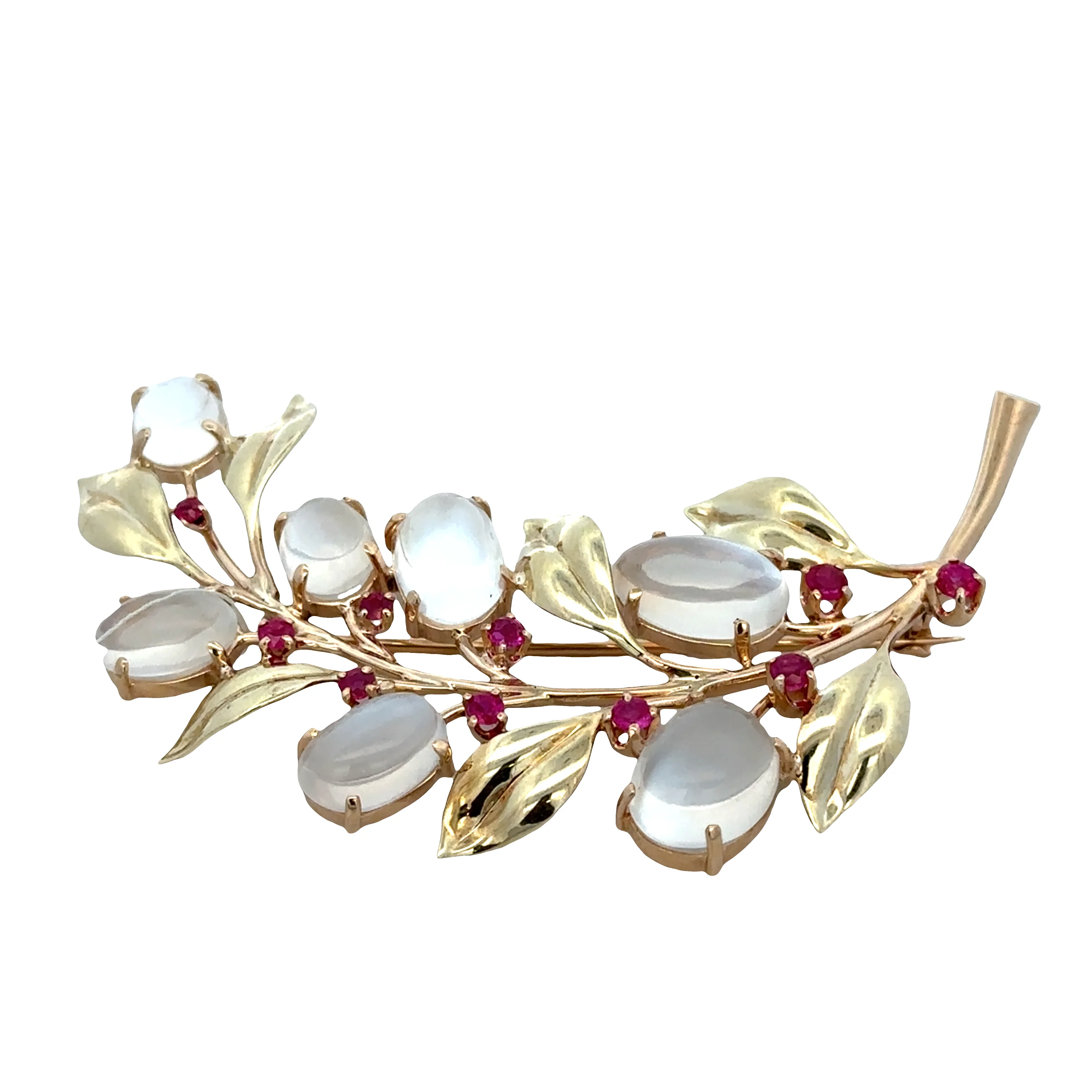 Retro 14k Yellow Gold Moonstone & Ruby Foliate Brooch – Circa 1940s–50s - Image 3