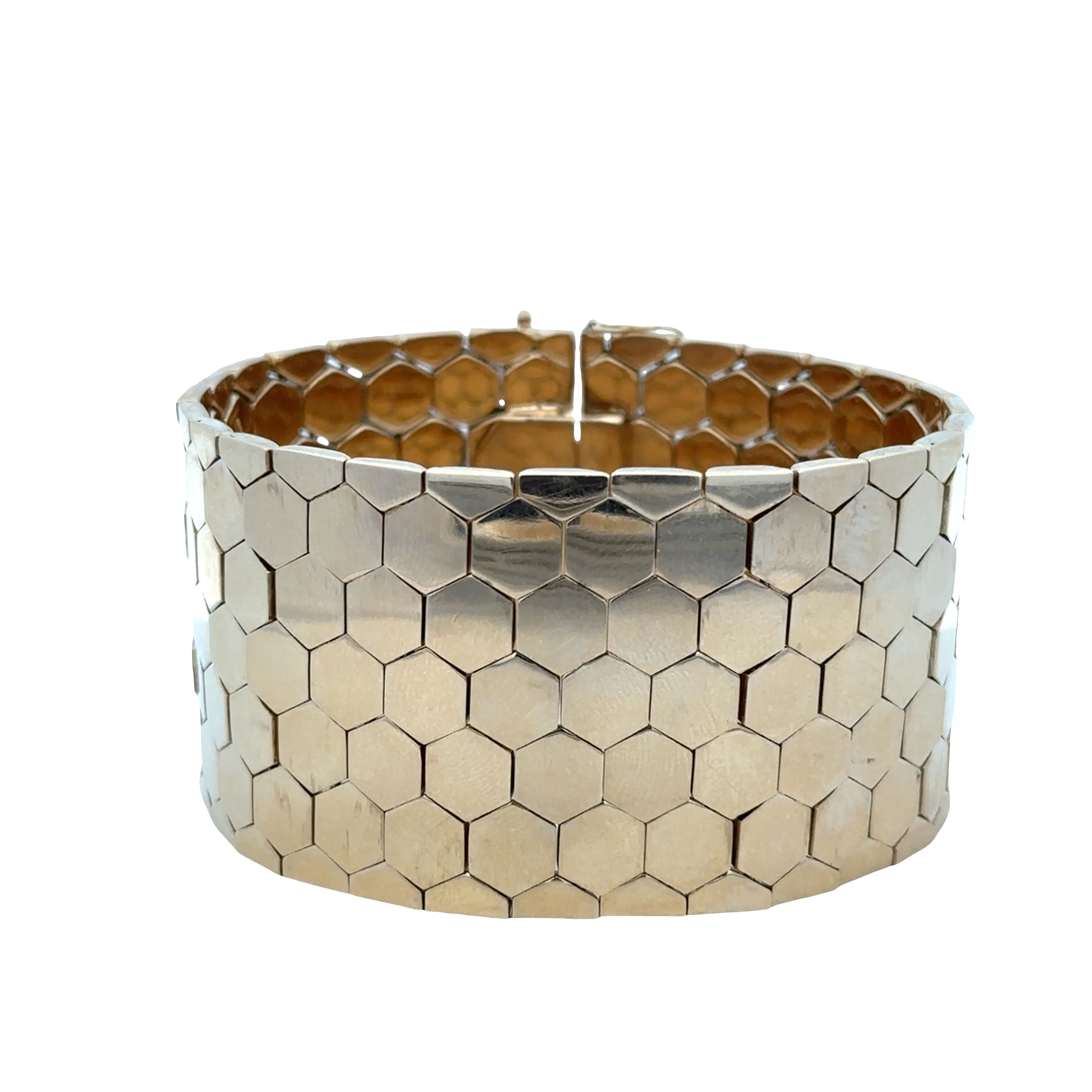Statement 14k Yellow Gold Wide Flexible Honeycomb Bracelet – 7.5"
