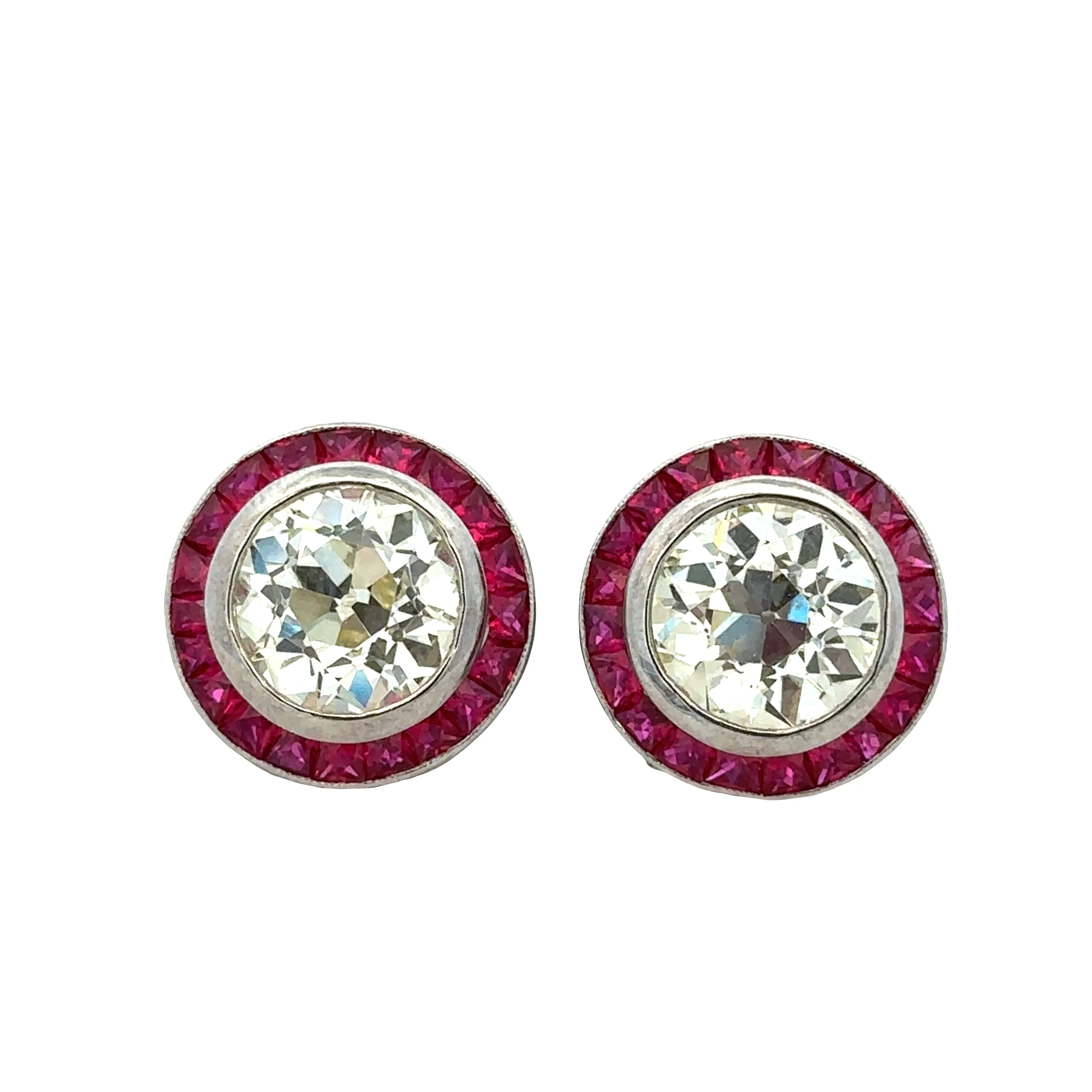 Statement 18k White Gold Old European Cut Diamond & Ruby Stud Earrings