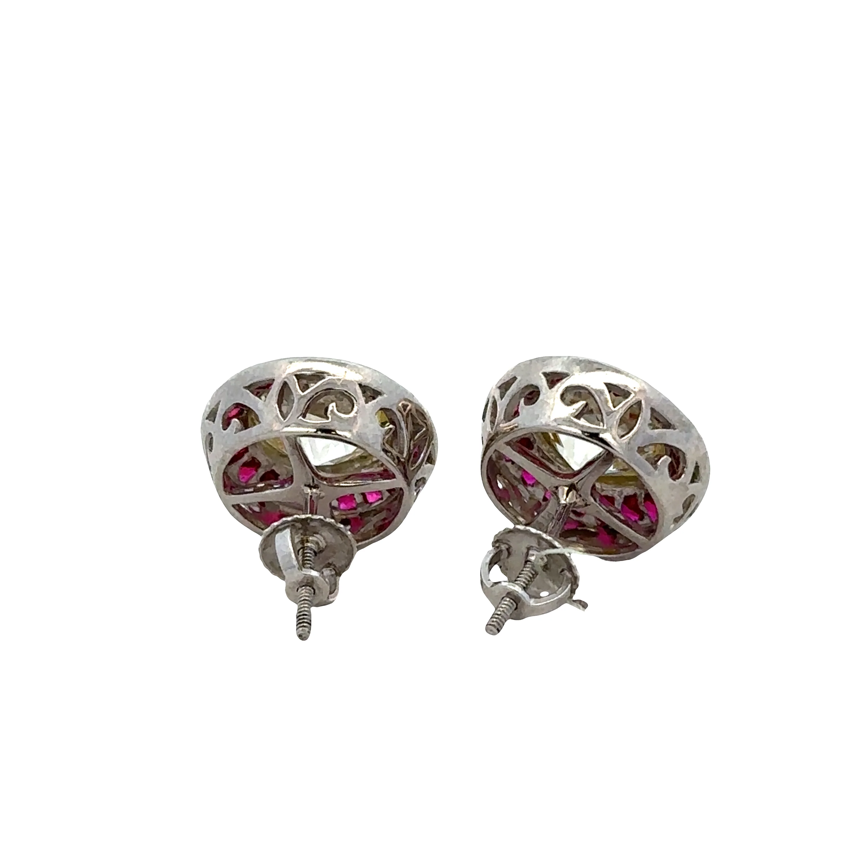 Statement 18k White Gold Old European Cut Diamond & Ruby Stud Earrings - Image 2