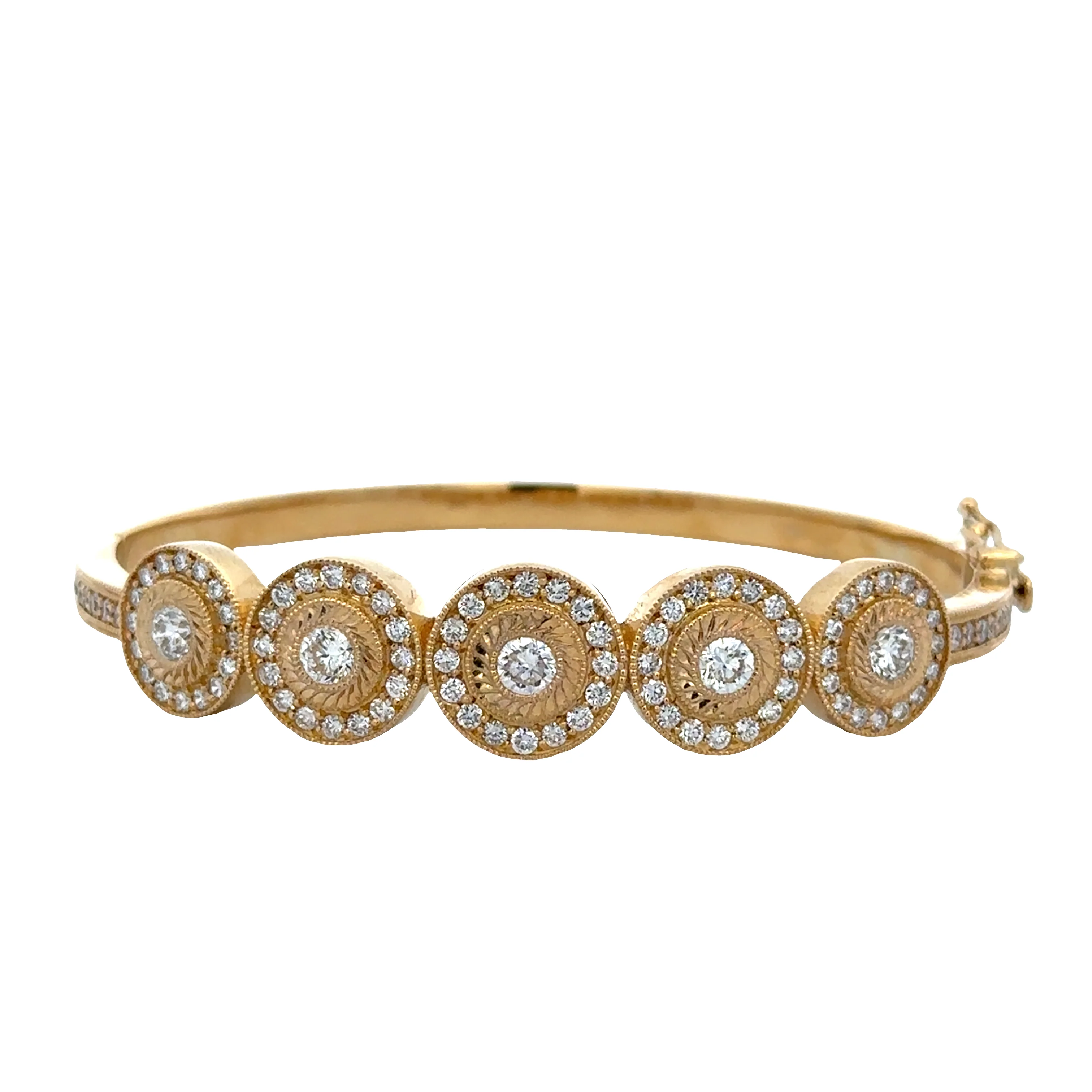 Substantial 18k Yellow Gold Diamond Halo Bangle Bracelet – 2.57 Carats Total Weight