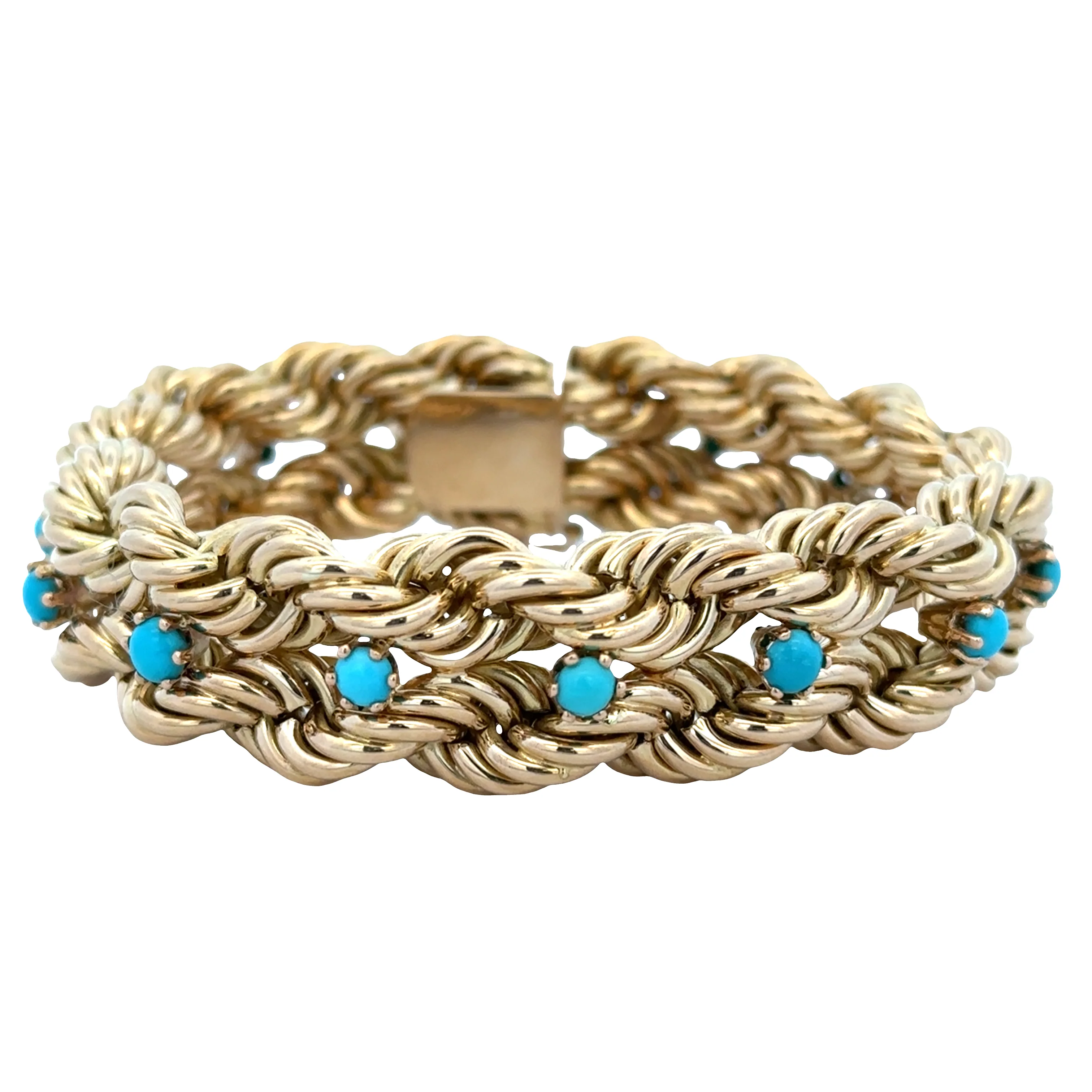 Substantial Vintage 18k Yellow Gold Turquoise Rope Bracelet – 8"