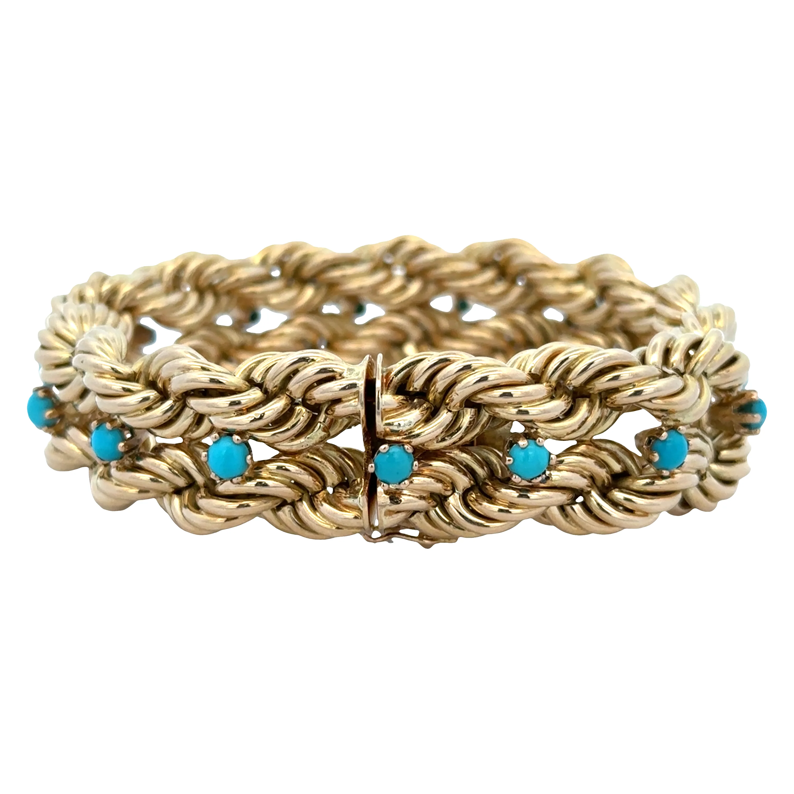 Substantial Vintage 18k Yellow Gold Turquoise Rope Bracelet – 8" - Image 2