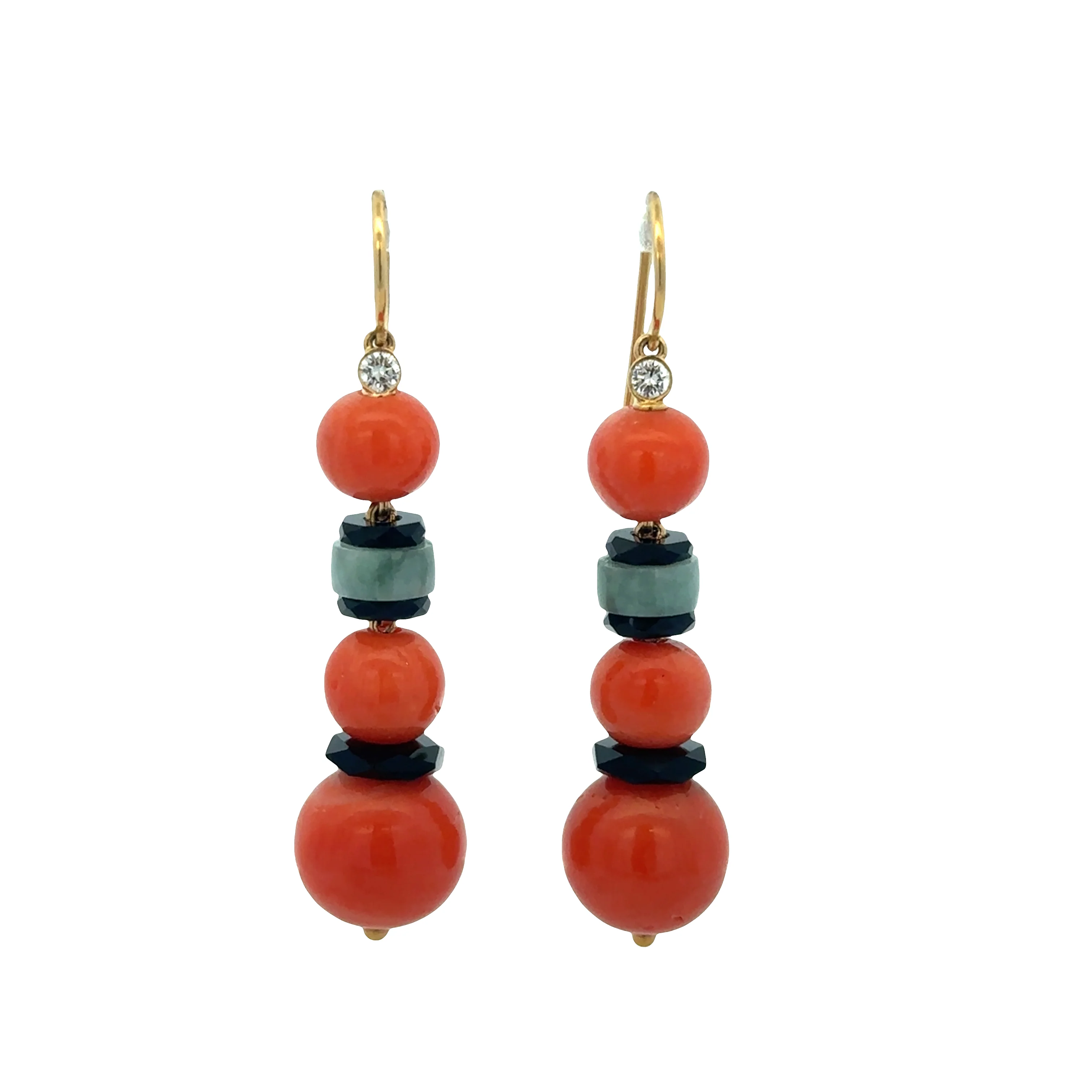 Unique 18k Yellow Gold Coral, Onyx, and Jade Earrings with Diamond Accents – 1-7/8"