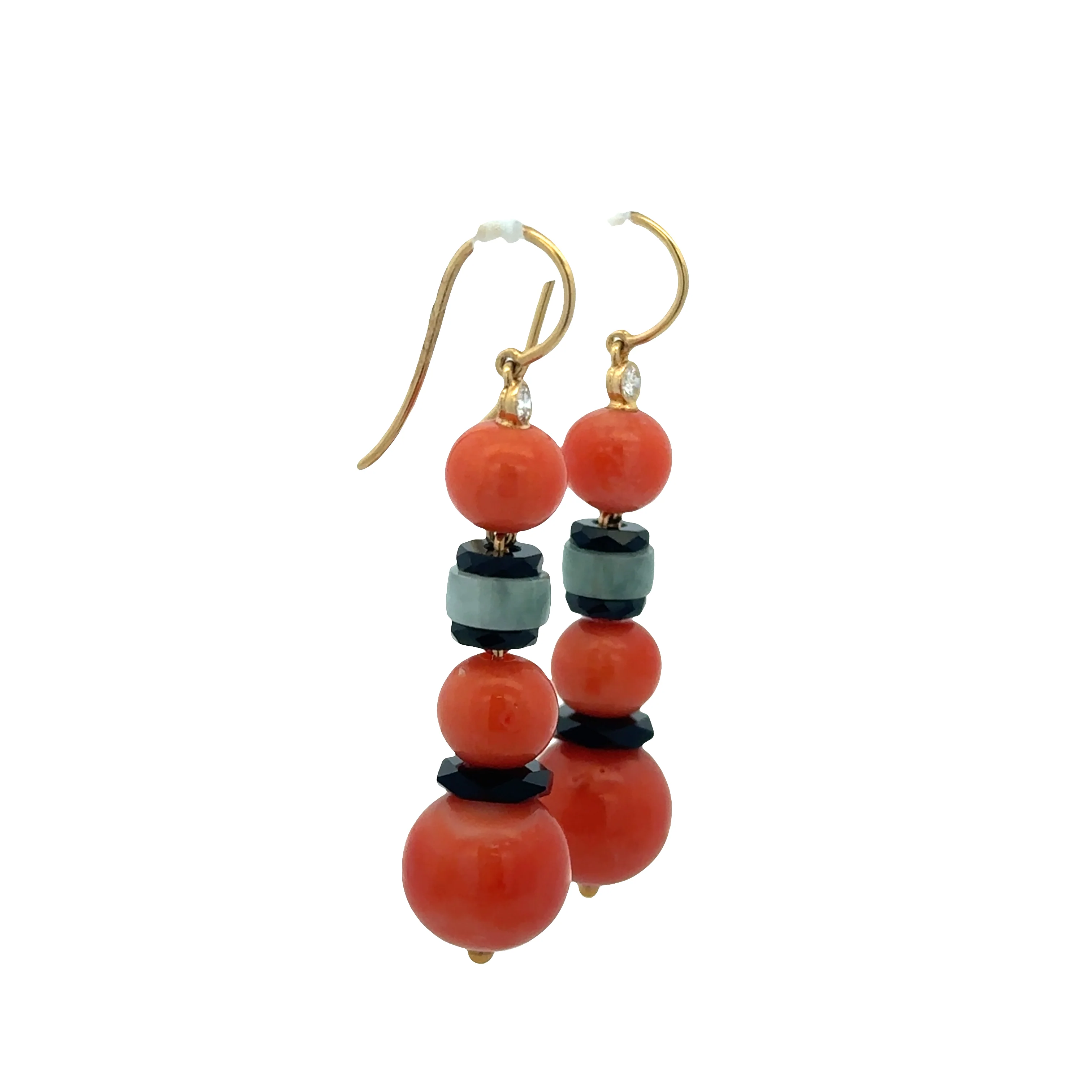 Unique 18k Yellow Gold Coral, Onyx, and Jade Earrings with Diamond Accents – 1-7/8" - Image 2