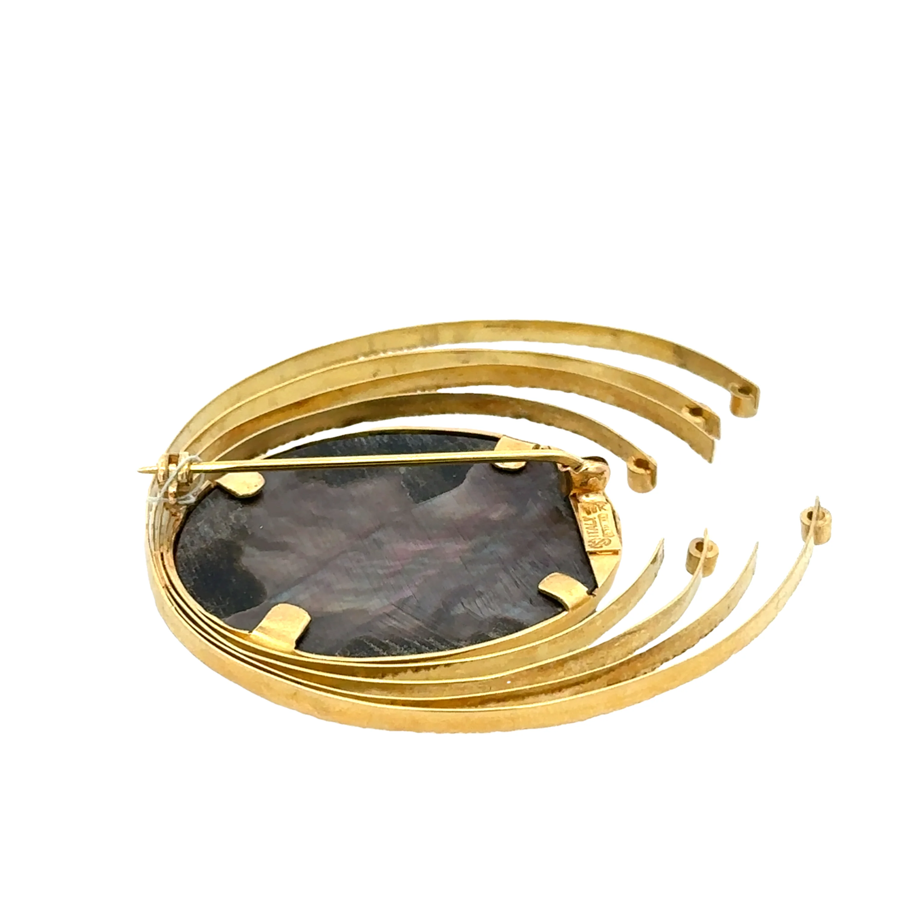 Unique Vintage Italian Mother of Pearl Cameo and Diamond Brooch in 18k Yellow Gold - Image 3