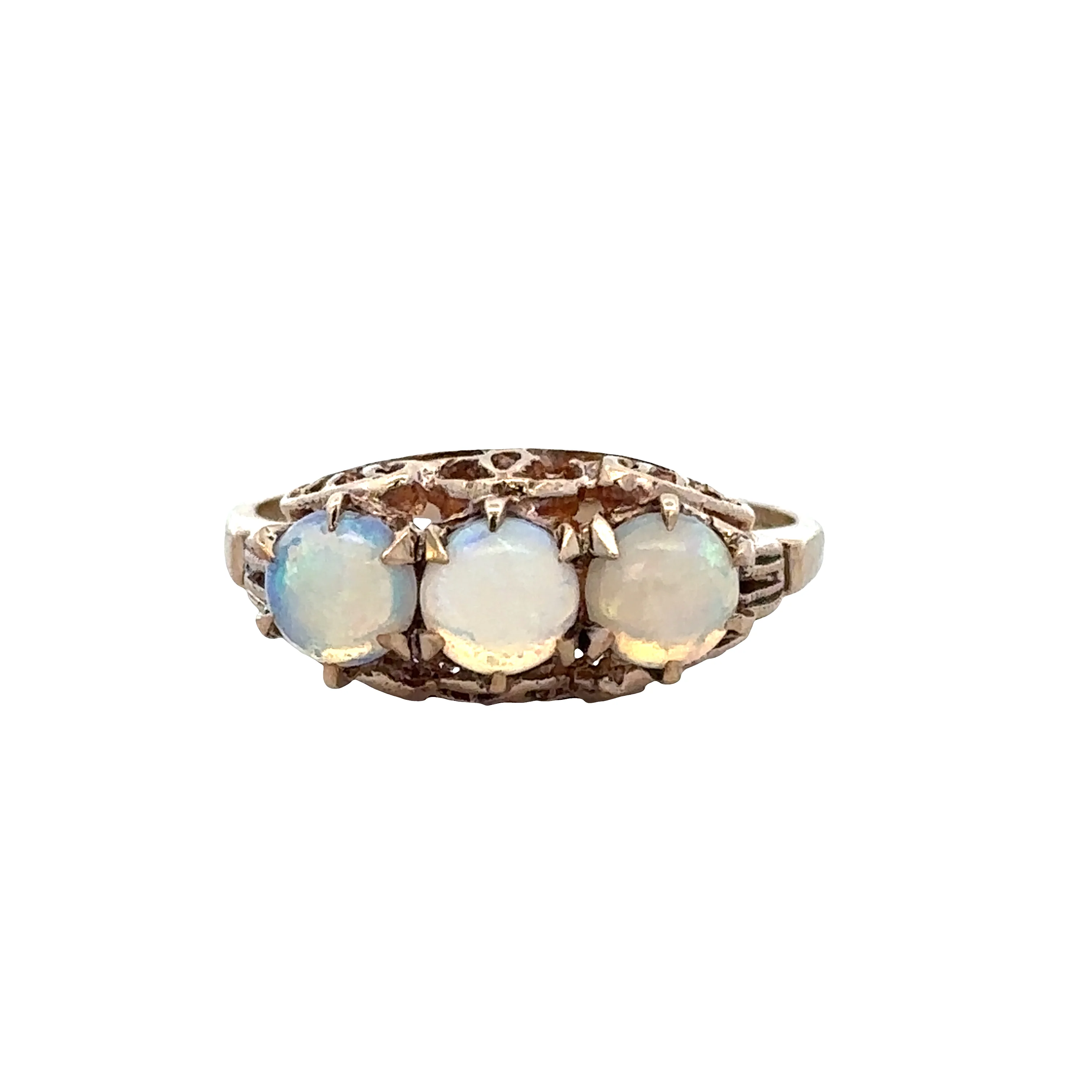 Vintage 10k Yellow Gold Opal Three-Stone Ring – Size 8.5, Circa 1960s