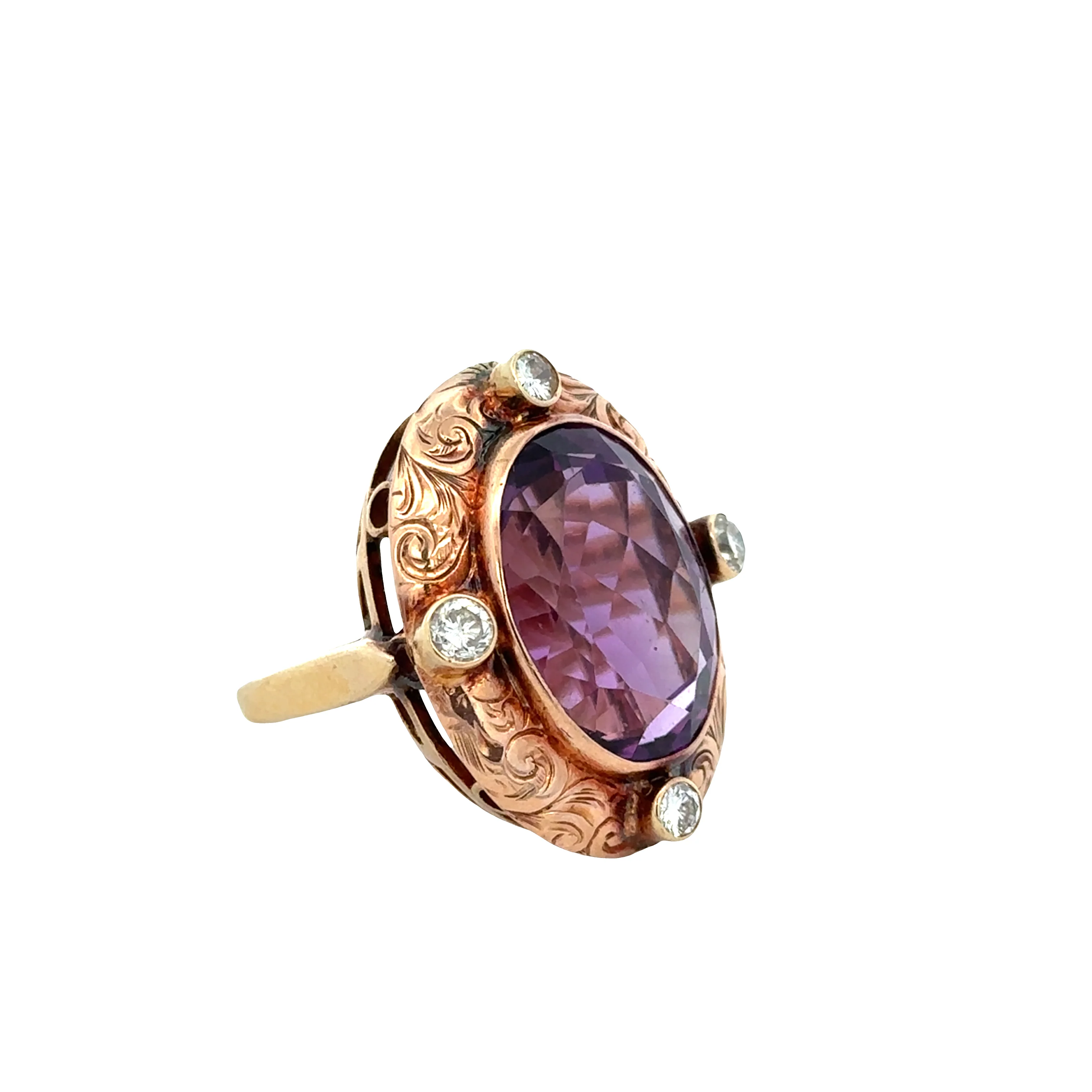 Retro 14k Yellow and Rose Gold Amethyst and Diamond Ring – Size 7.5 - Image 2
