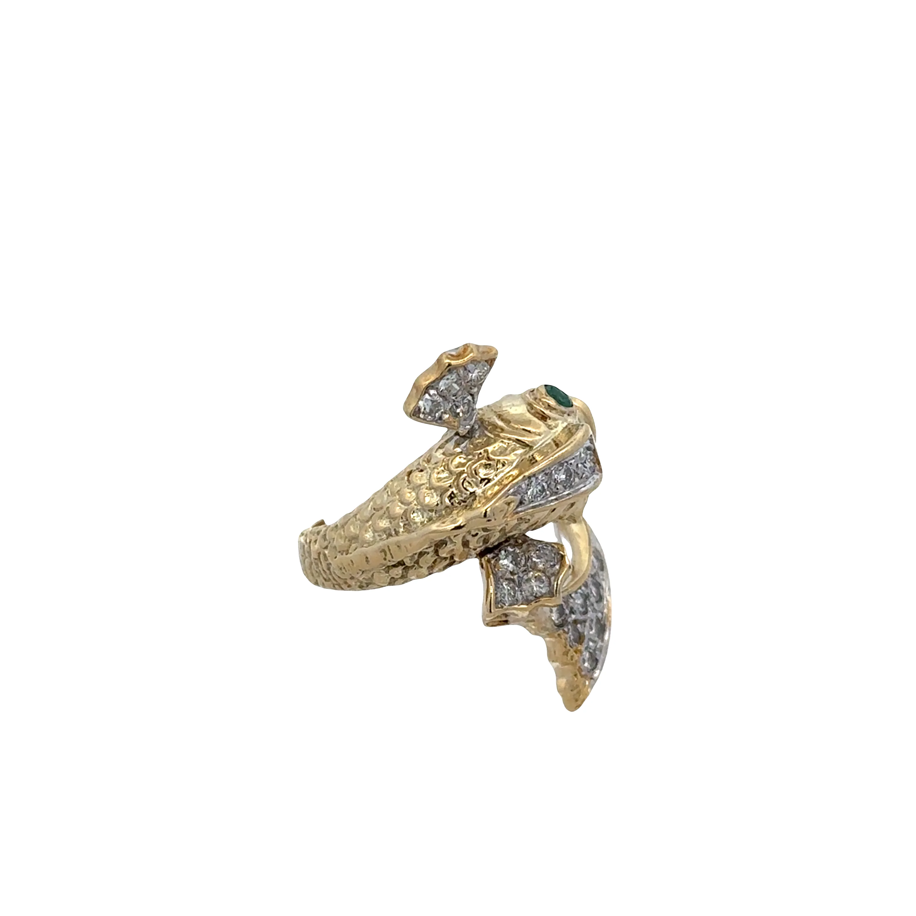 Vintage 14k Yellow Gold Diamond & Emerald Fish Bypass Ring – Size 7.5 - Image 2