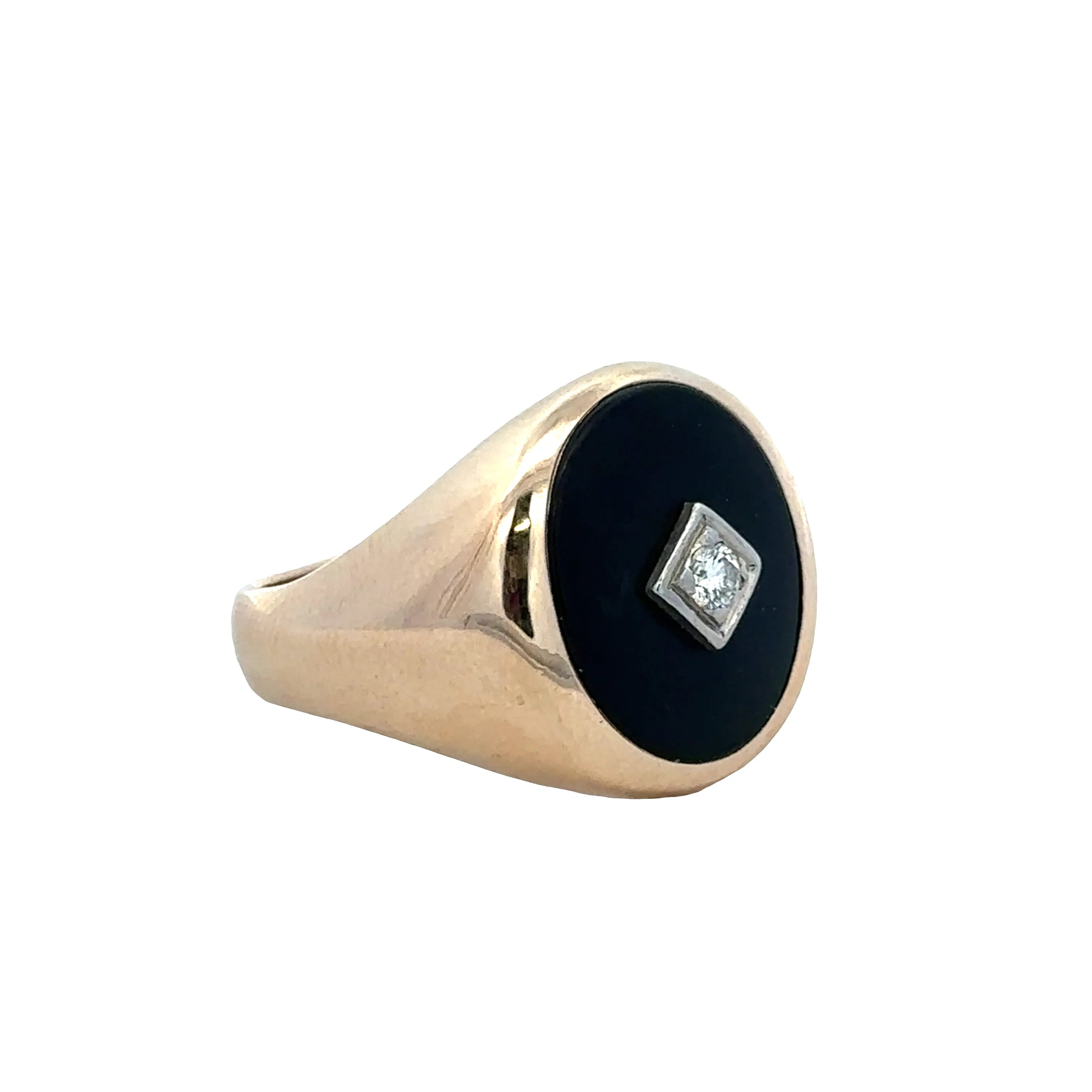 Vintage 14k Yellow Gold Onyx & Diamond Signet Ring – Size 10 - Image 2