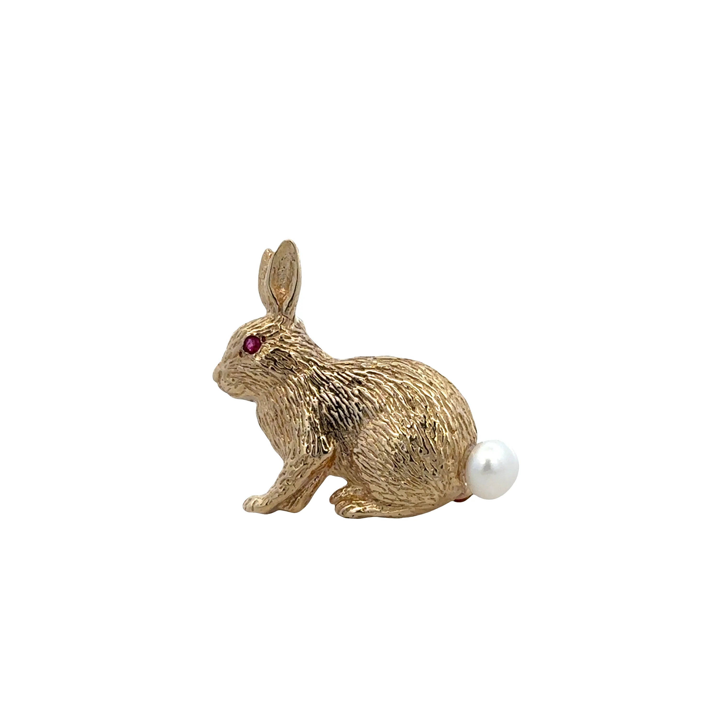 Vintage 14k Yellow Gold Ruby & Pearl Bunny Brooch