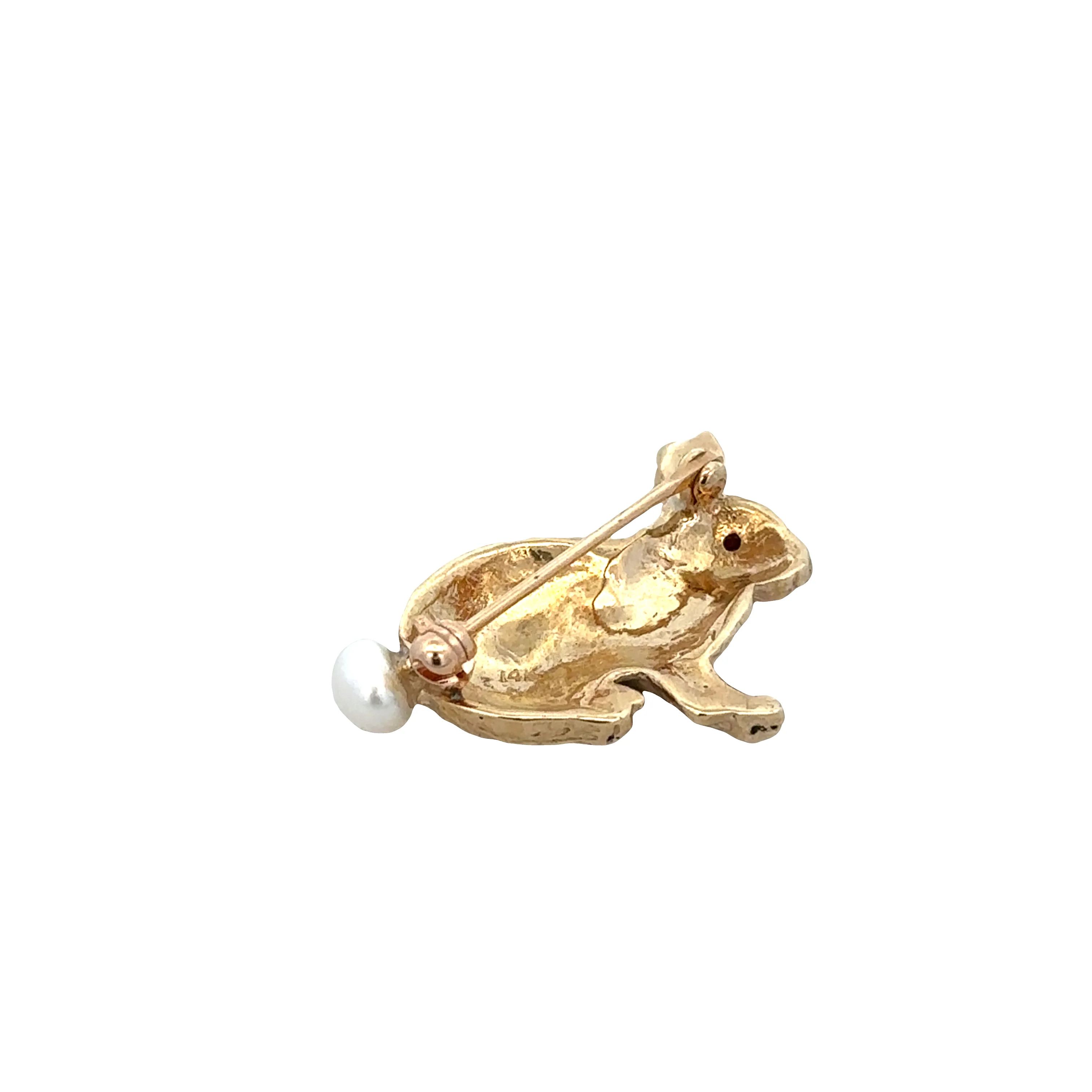 Vintage 14k Yellow Gold Ruby & Pearl Bunny Brooch - Image 2