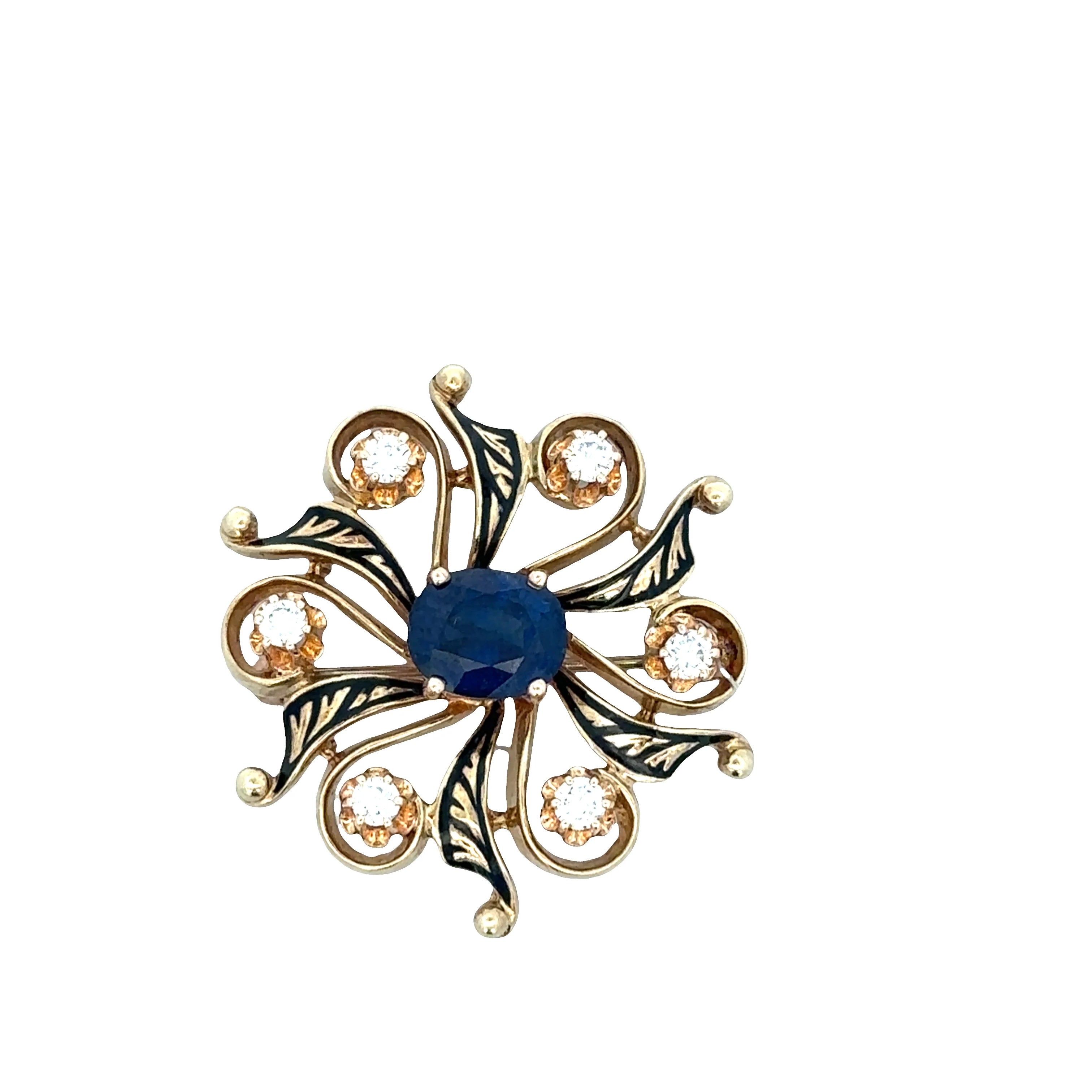 Vintage 14K Yellow Gold Sapphire & Diamond Scroll Brooch – Black Enamel Detail, Circa 1930–40s