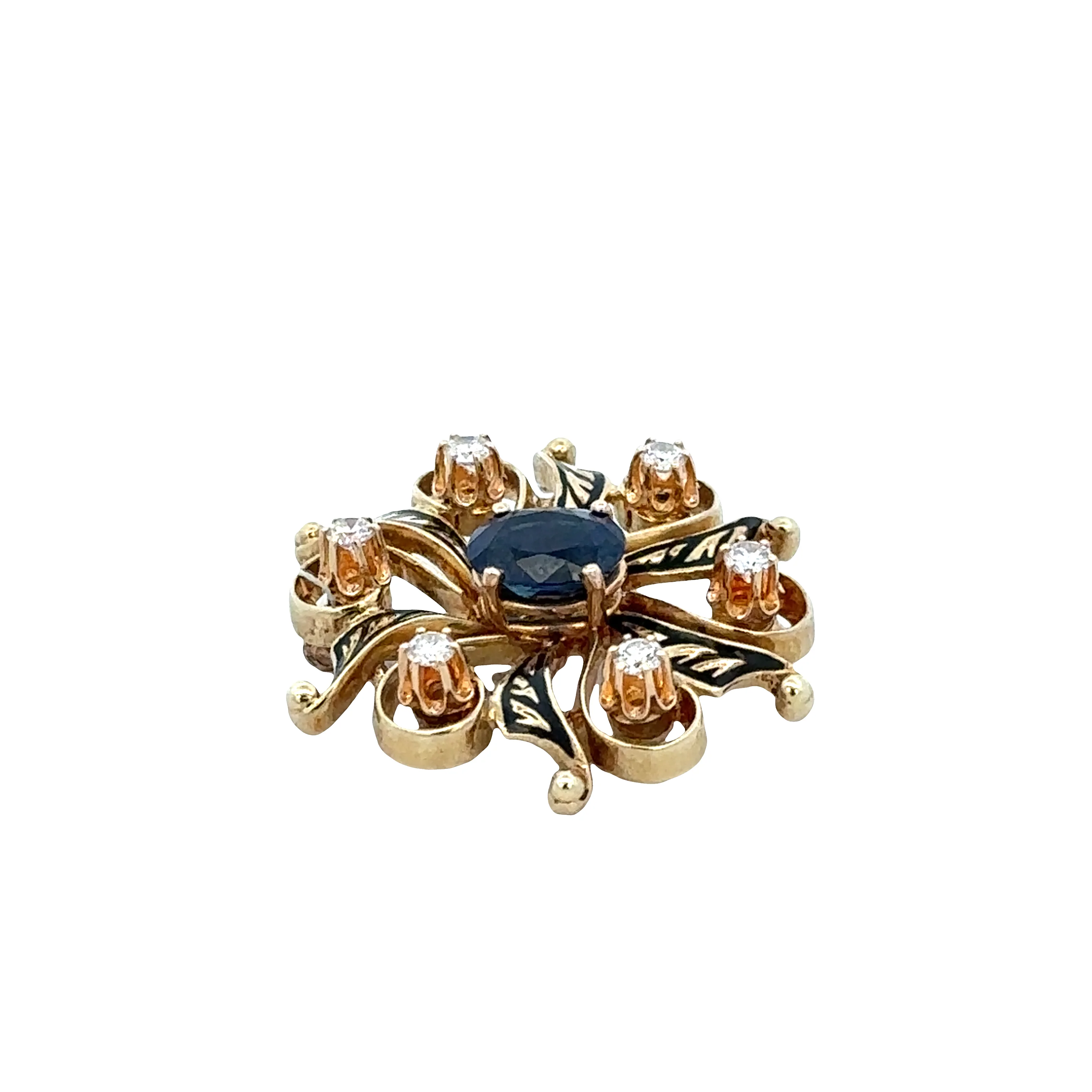 Vintage 14K Yellow Gold Sapphire & Diamond Scroll Brooch – Black Enamel Detail, Circa 1930–40s - Image 2