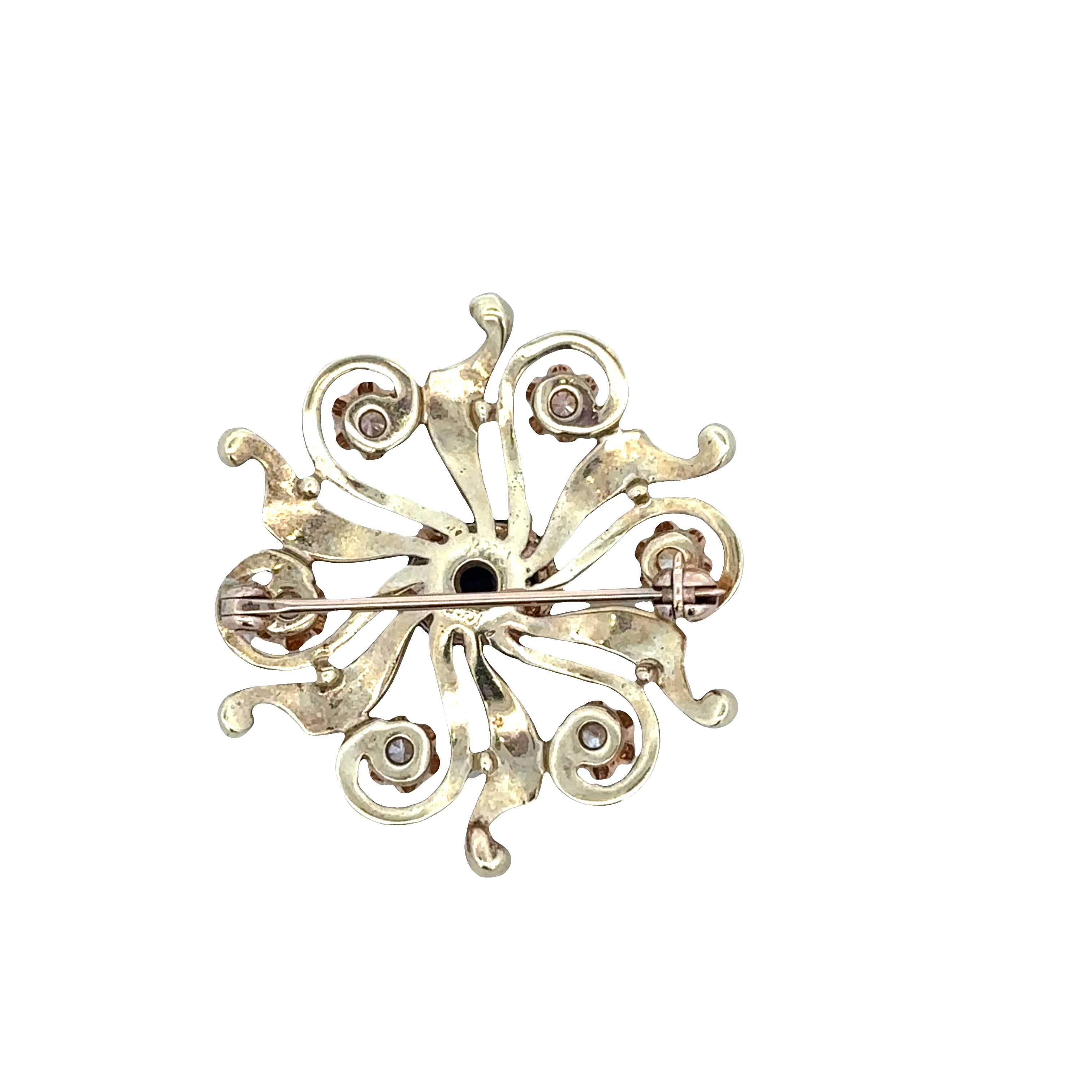Vintage 14K Yellow Gold Sapphire & Diamond Scroll Brooch – Black Enamel Detail, Circa 1930–40s - Image 3