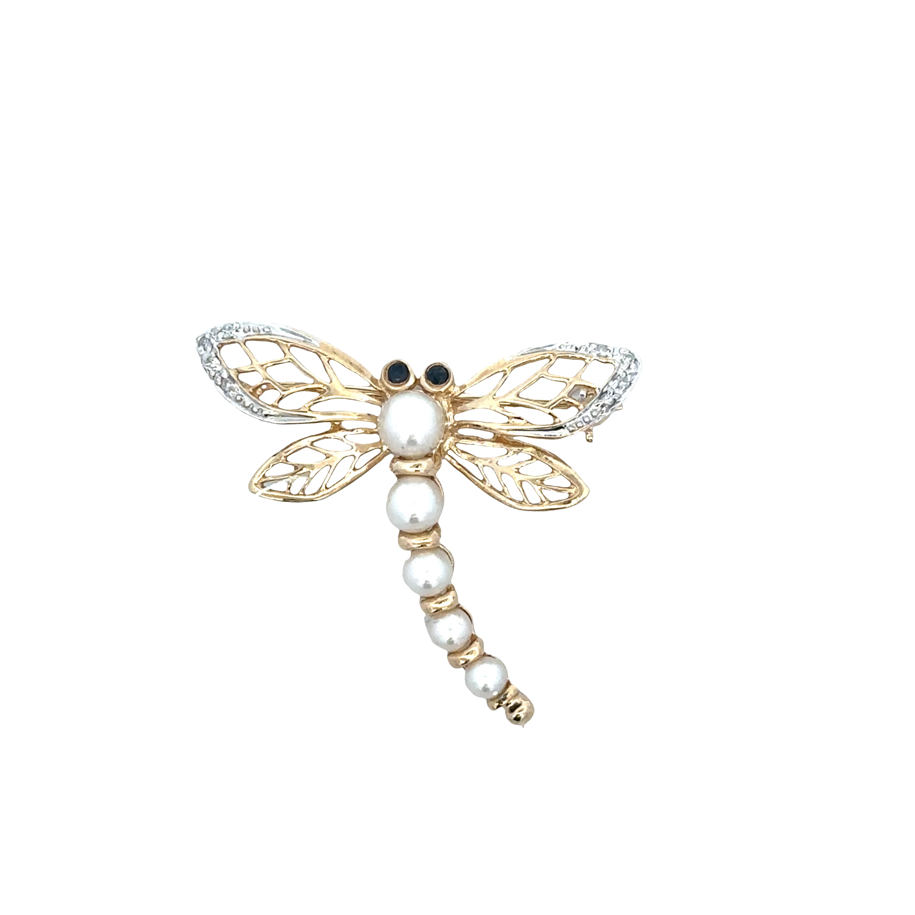 Vintage 14k Yellow & White Gold Pearl, Diamond & Sapphire Dragonfly Brooch