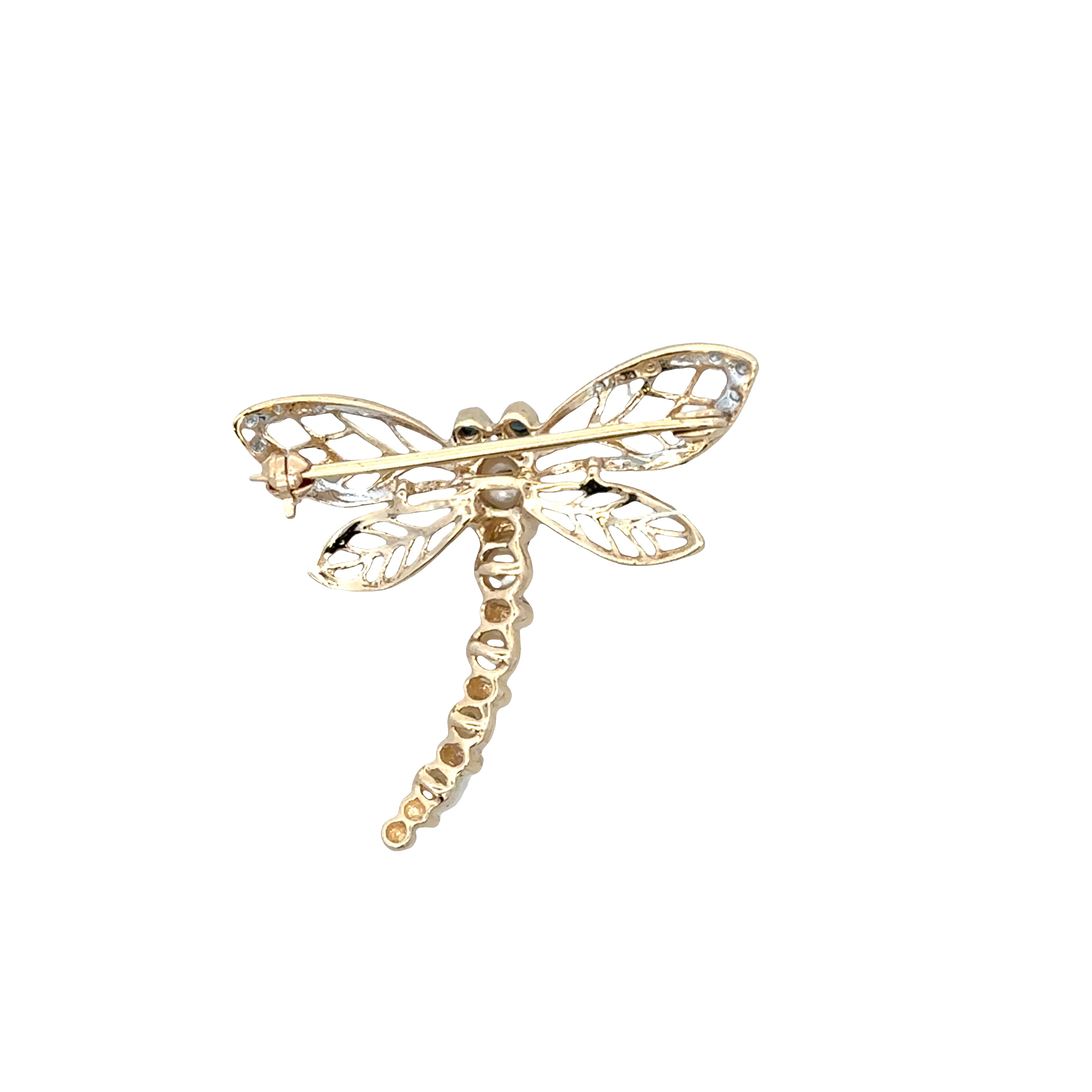 Vintage 14k Yellow & White Gold Pearl, Diamond & Sapphire Dragonfly Brooch - Image 2