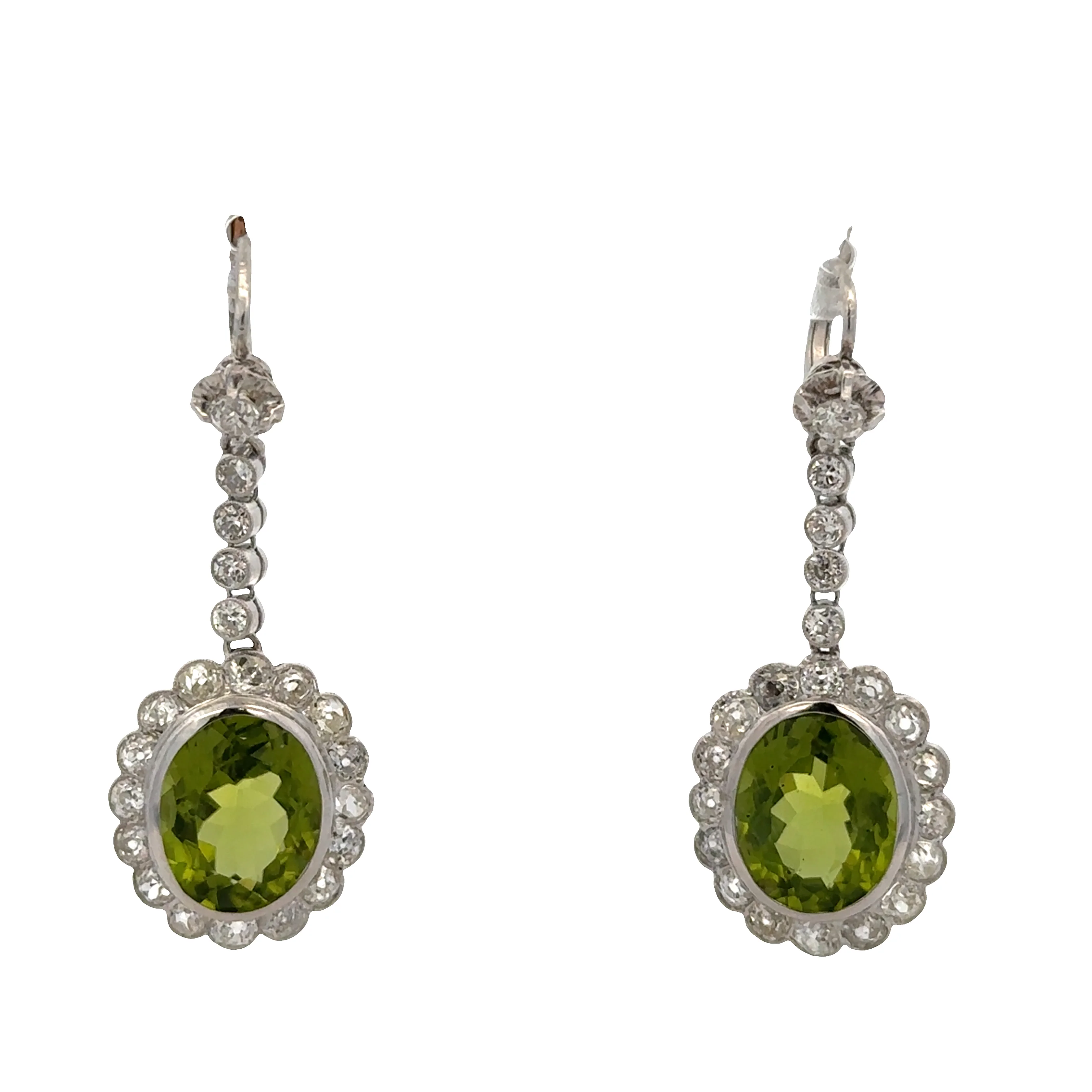 Vintage 18k White Gold Peridot & Diamond Drop Earrings – 1 5/8" Long, Circa 1940s
