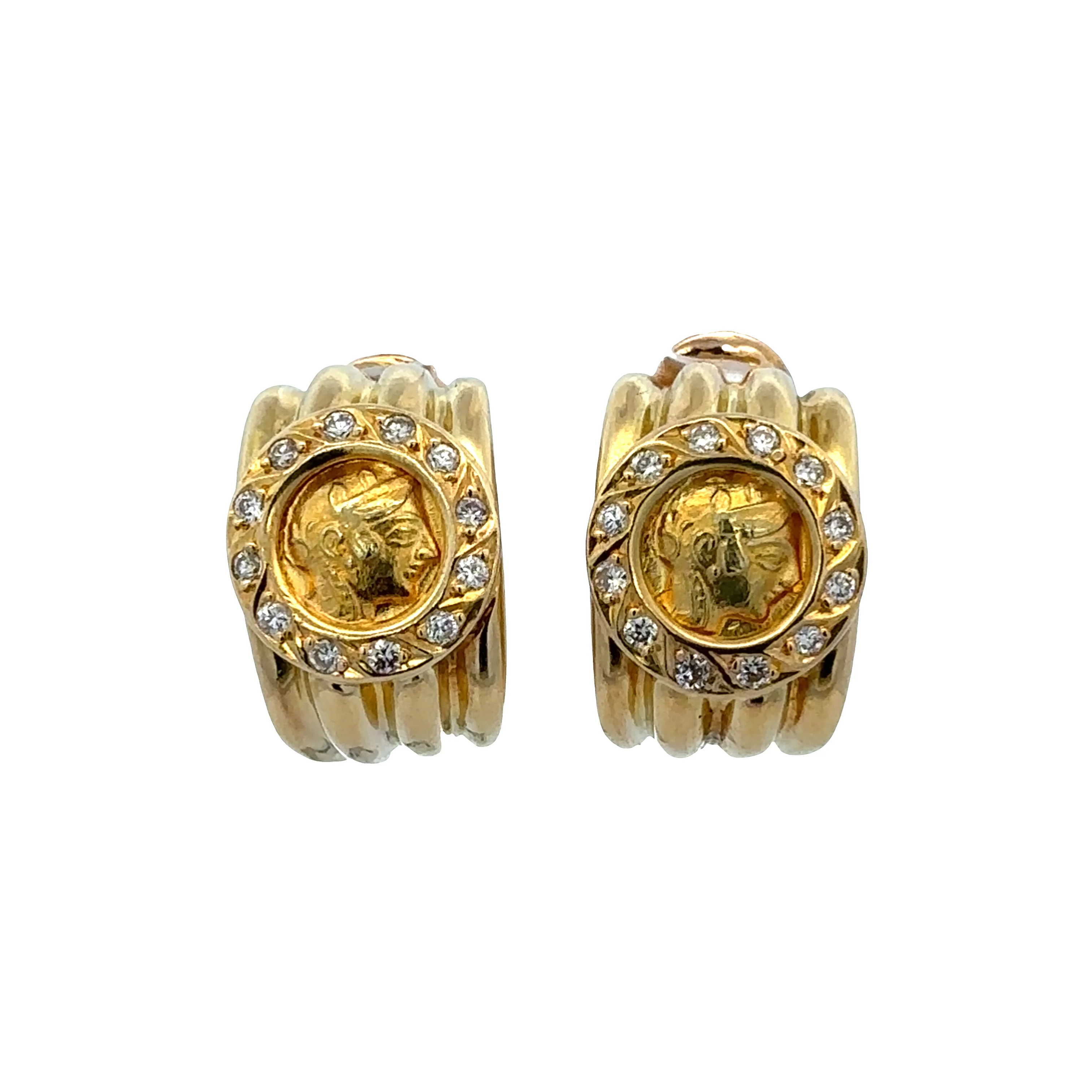 Vintage 18k Yellow Gold Diamond Ancient Coin-Style Huggie Earrings
