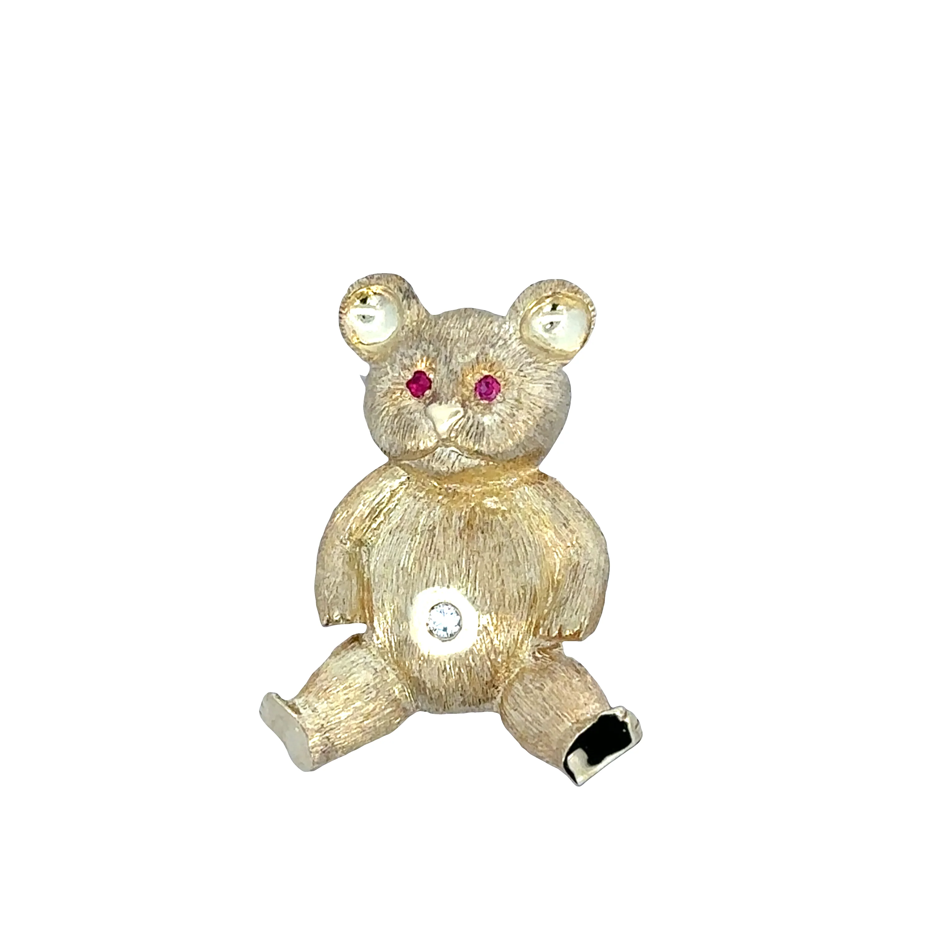Vintage 18k Yellow Gold Ruby & Diamond Teddy Bear Brooch