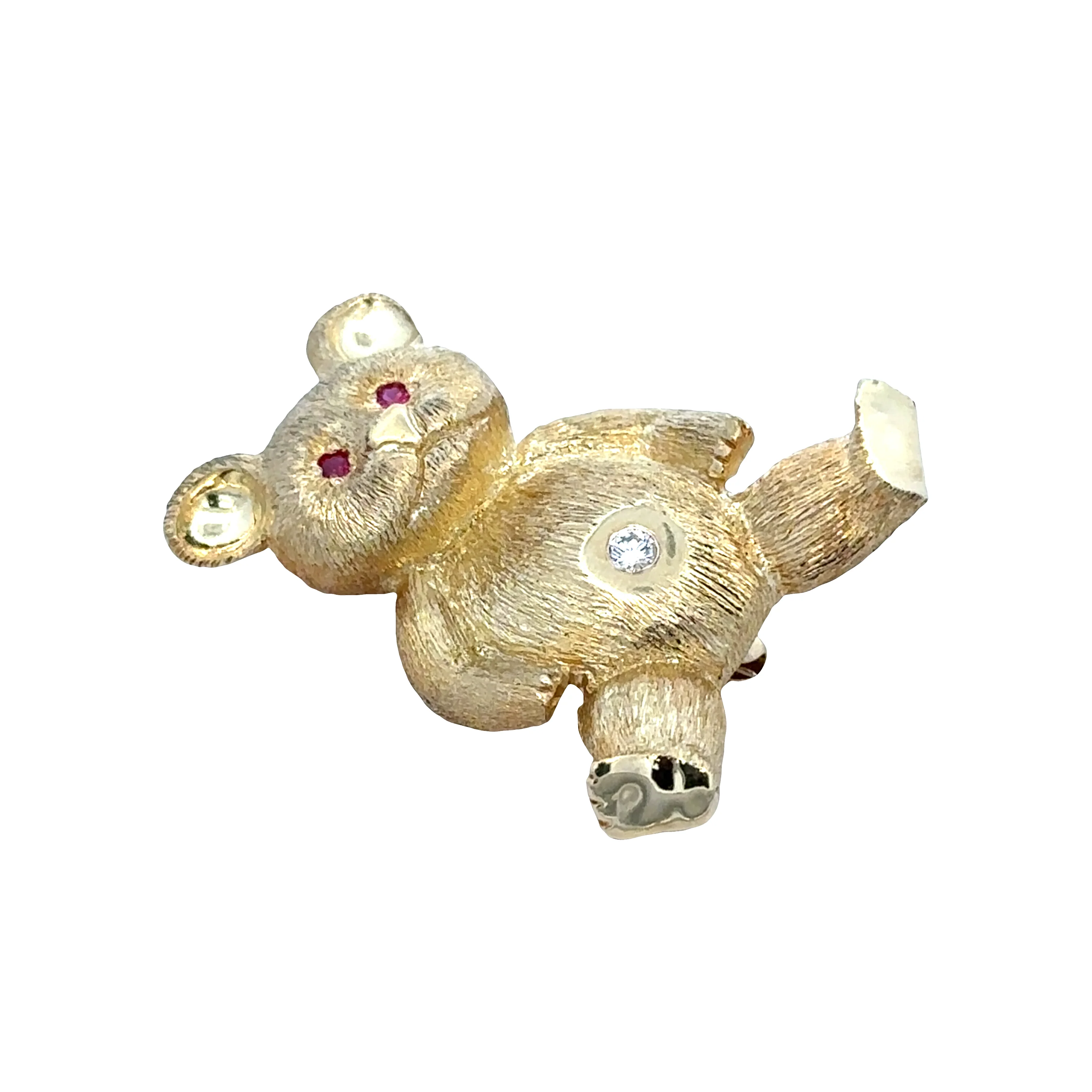 Vintage 18k Yellow Gold Ruby & Diamond Teddy Bear Brooch - Image 3