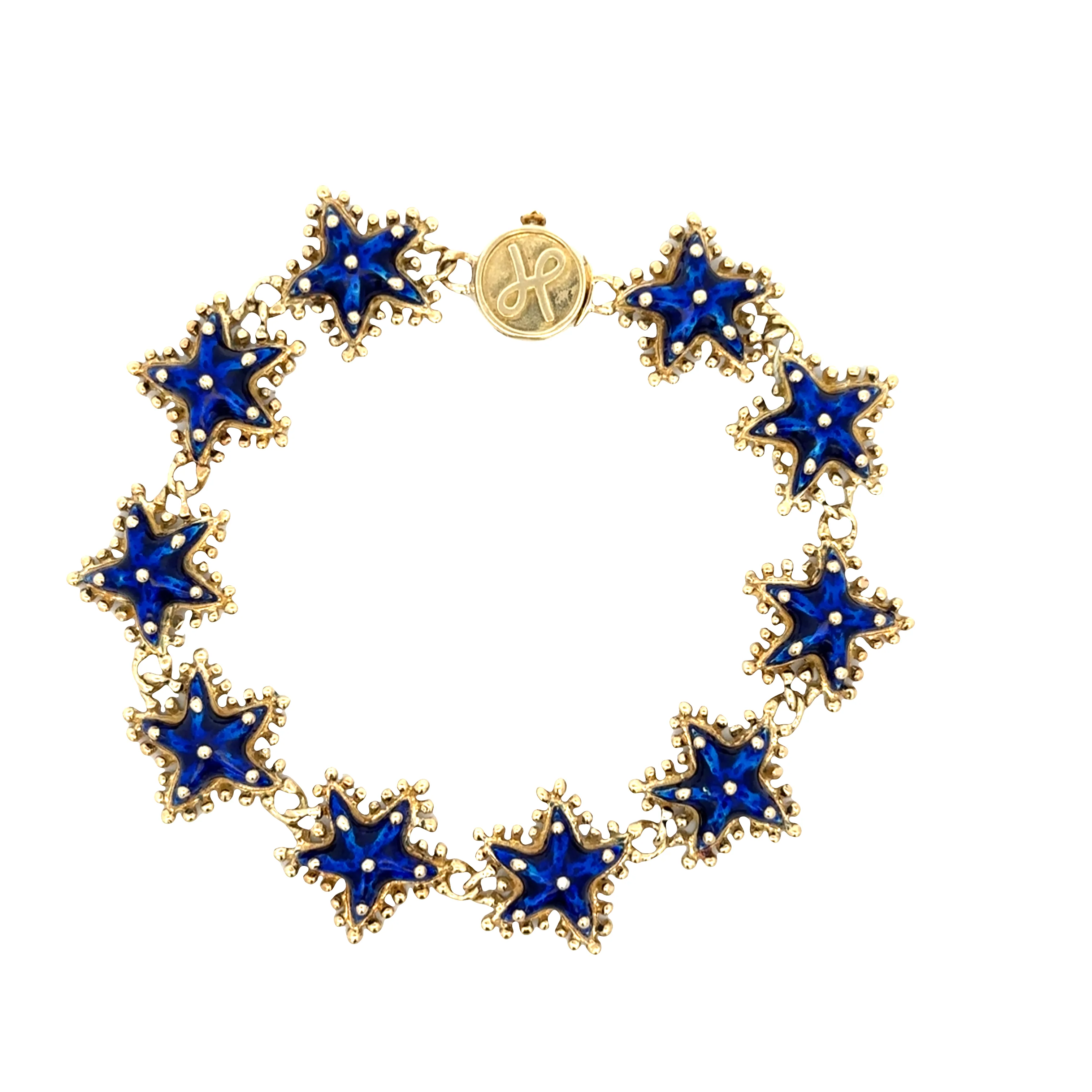 Vintage 18k Yellow Gold Starfish Bracelet with Blue Enamel – 7"