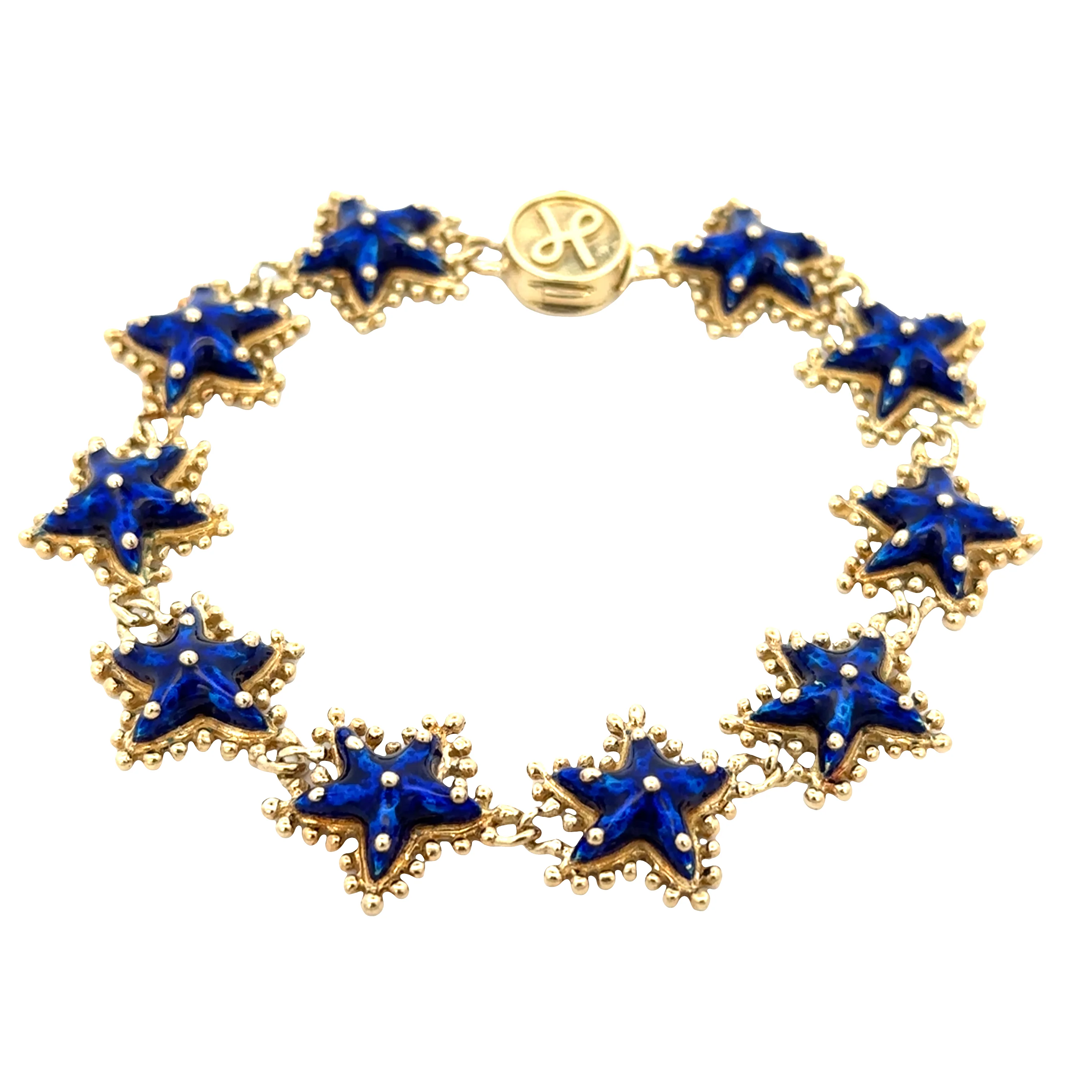 Vintage 18k Yellow Gold Starfish Bracelet with Blue Enamel – 7" - Image 2