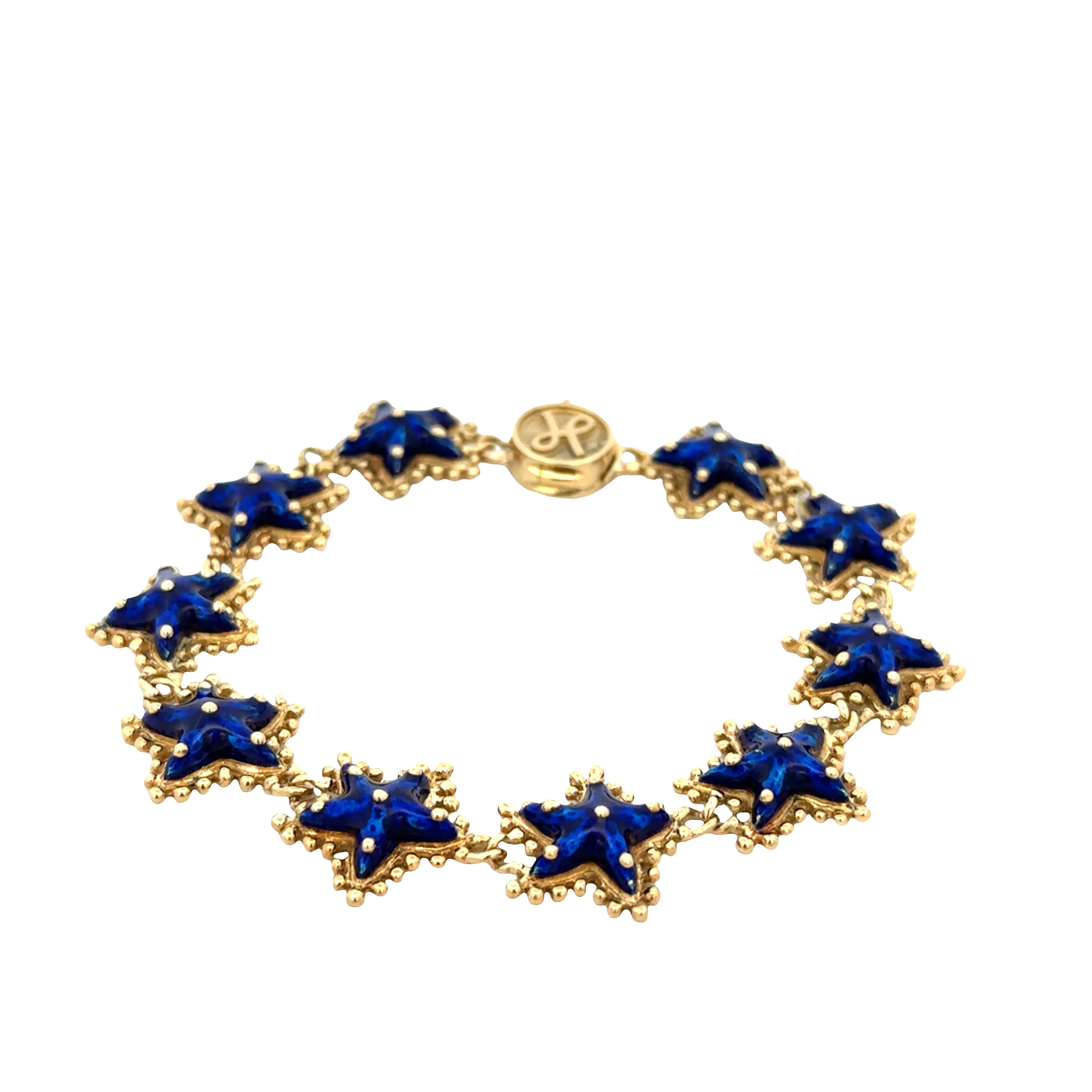 Vintage 18k Yellow Gold Starfish Bracelet with Blue Enamel – 7" - Image 4