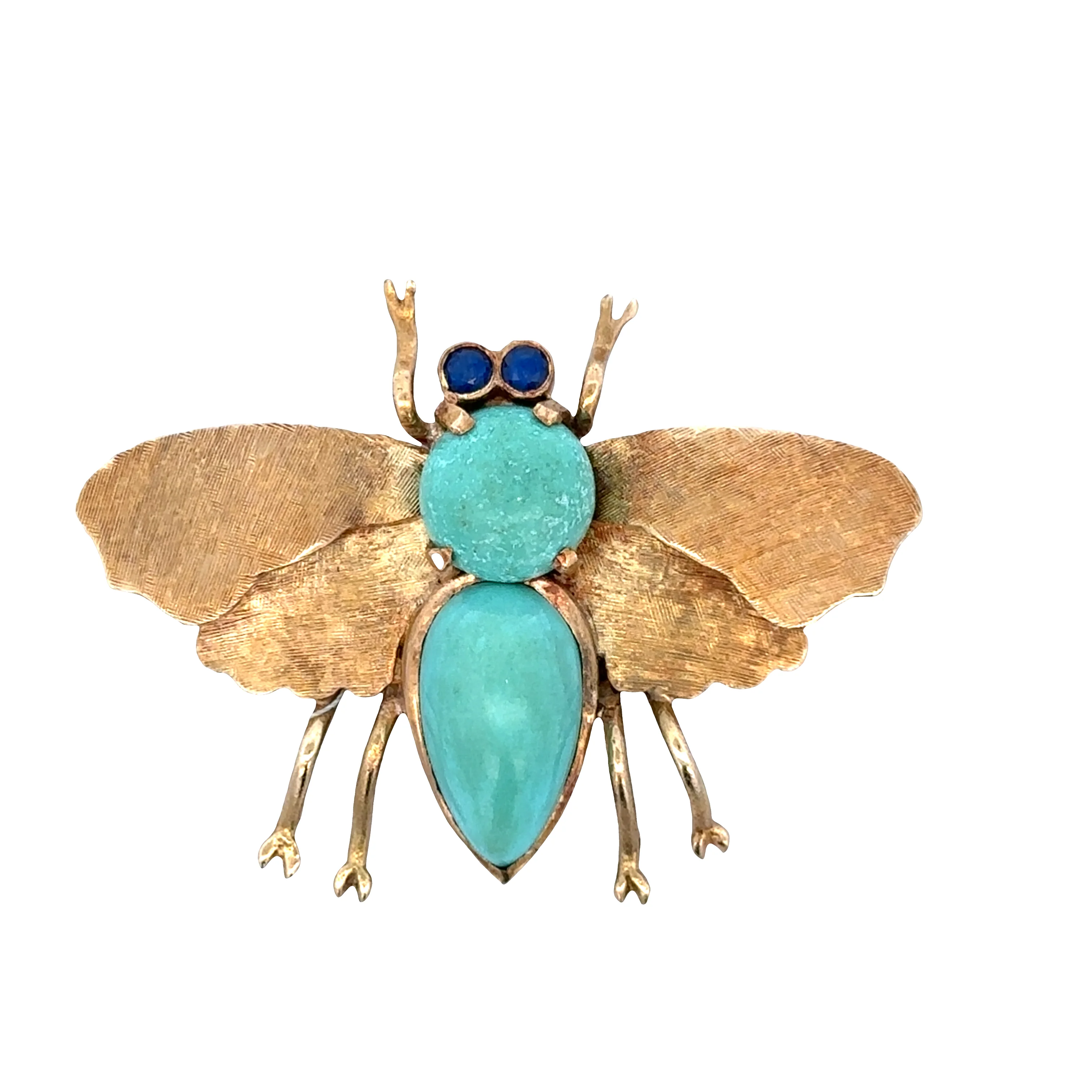 Vintage 18k Yellow Gold Turquoise & Sapphire Fly Brooch – Circa 1960s