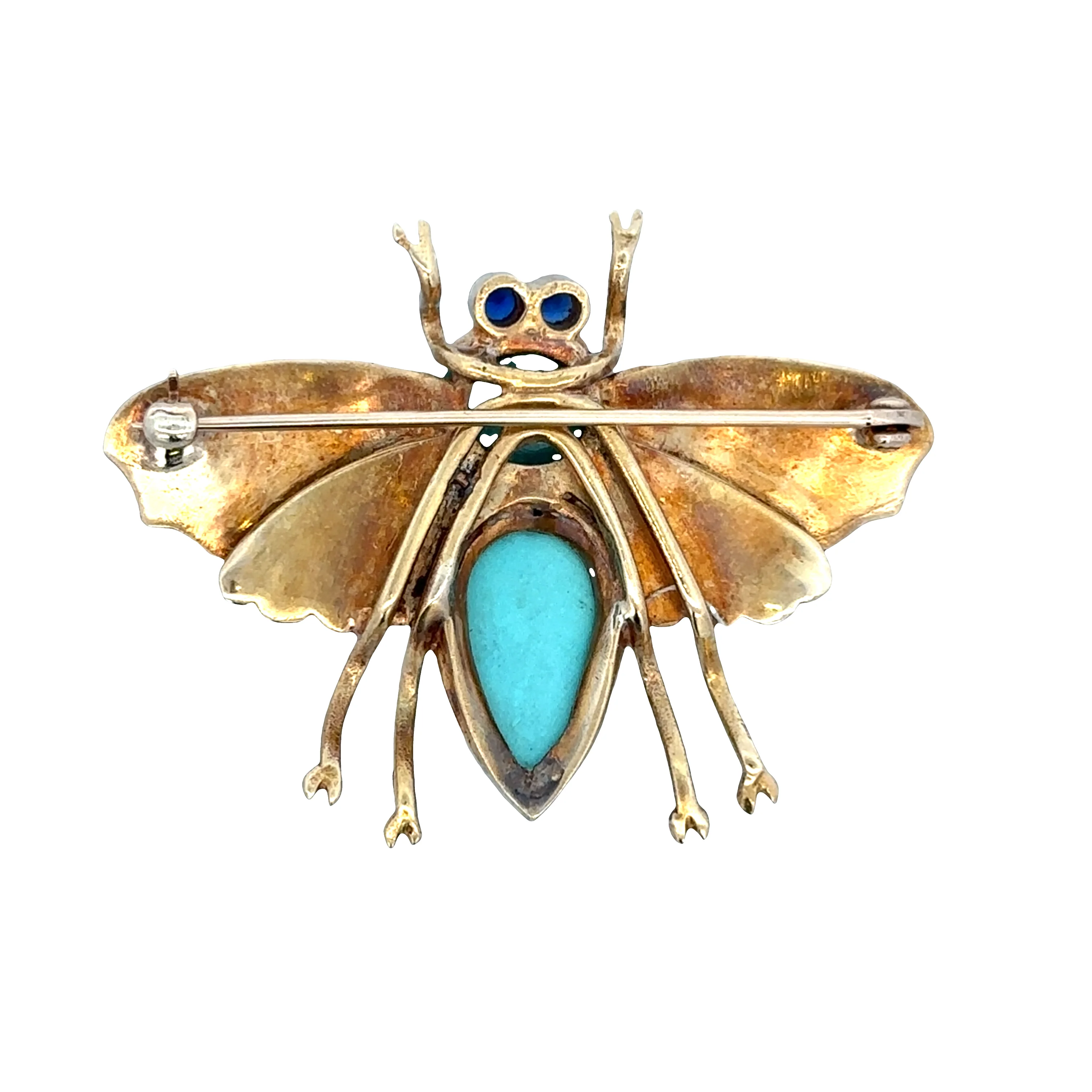 Vintage 18k Yellow Gold Turquoise & Sapphire Fly Brooch – Circa 1960s - Image 2