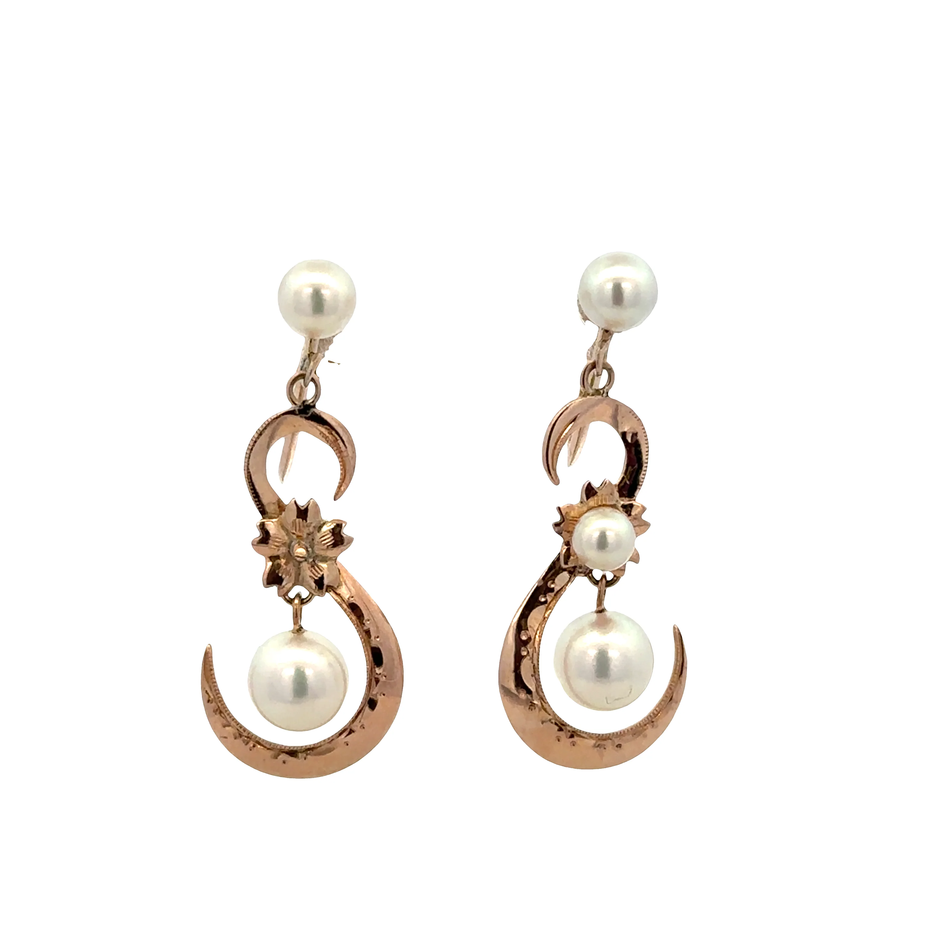 Vintage 1940s 10k Rose Gold Pearl Dangle Screwback Earrings
