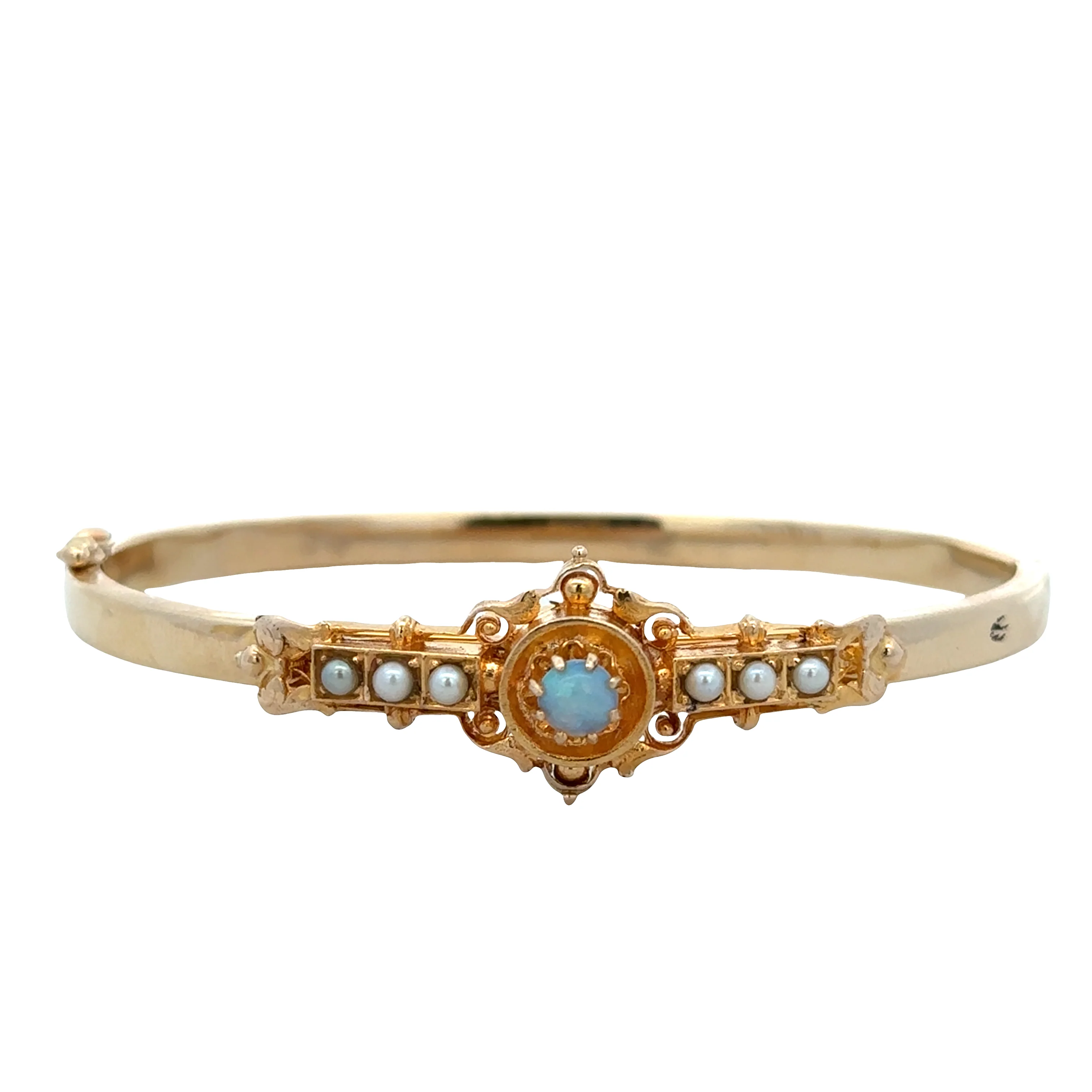 Vintage/Antique 14k Yellow Gold Hinged Bangle with Opal & Seed Pearl Brooch