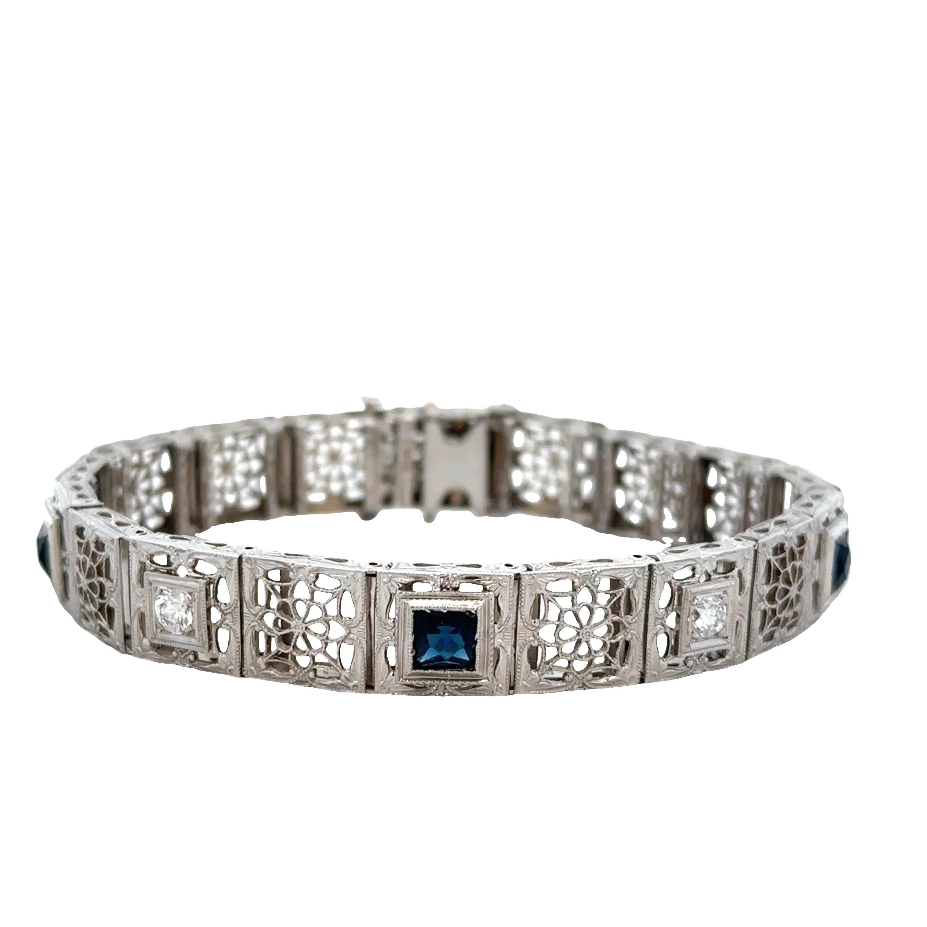 Vintage Art Deco 14k White Gold Filigree Sapphire & Diamond Panel Link Bracelet – Circa 1930s