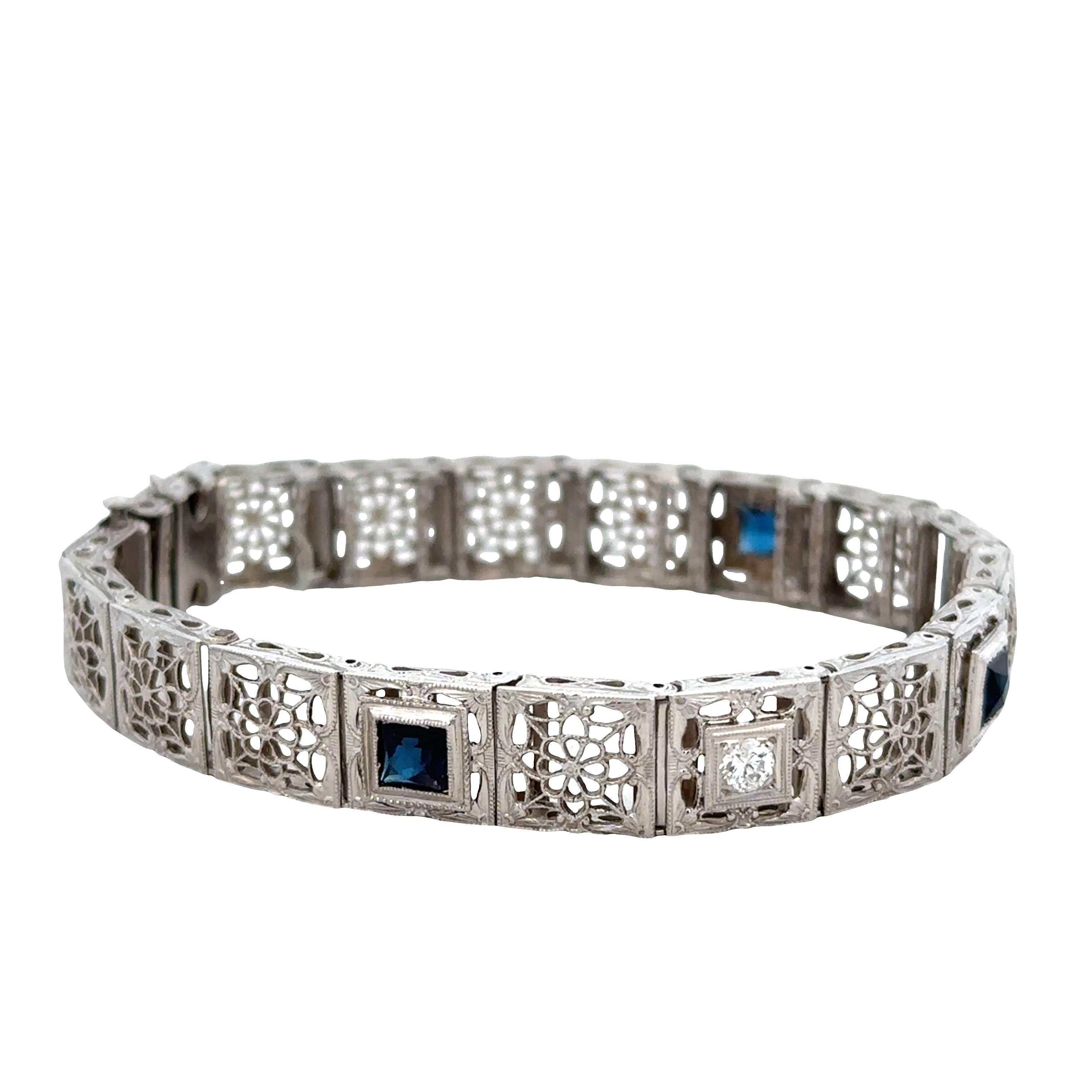 Vintage Art Deco 14k White Gold Filigree Sapphire & Diamond Panel Link Bracelet – Circa 1930s - Image 2