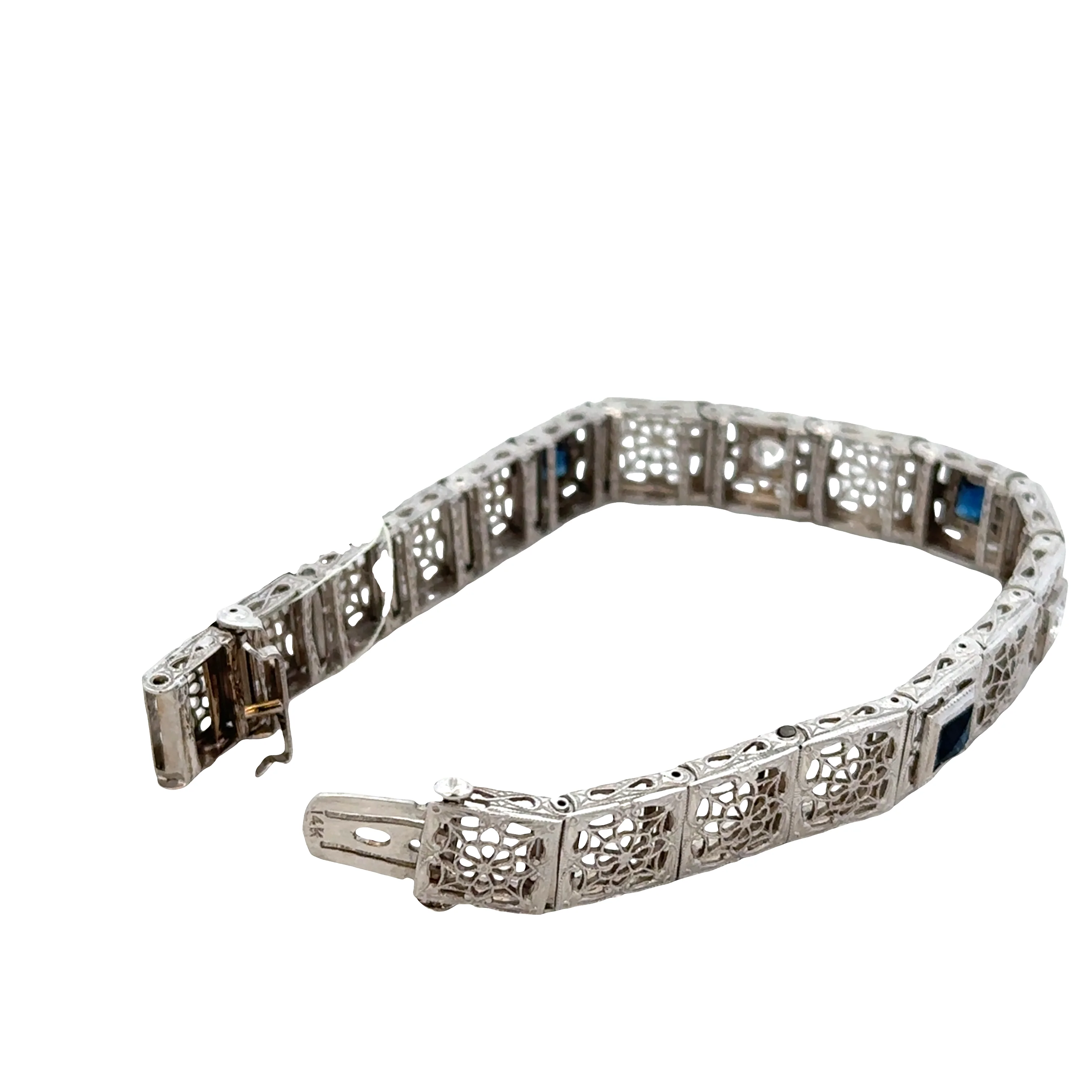 Vintage Art Deco 14k White Gold Filigree Sapphire & Diamond Panel Link Bracelet – Circa 1930s - Image 3