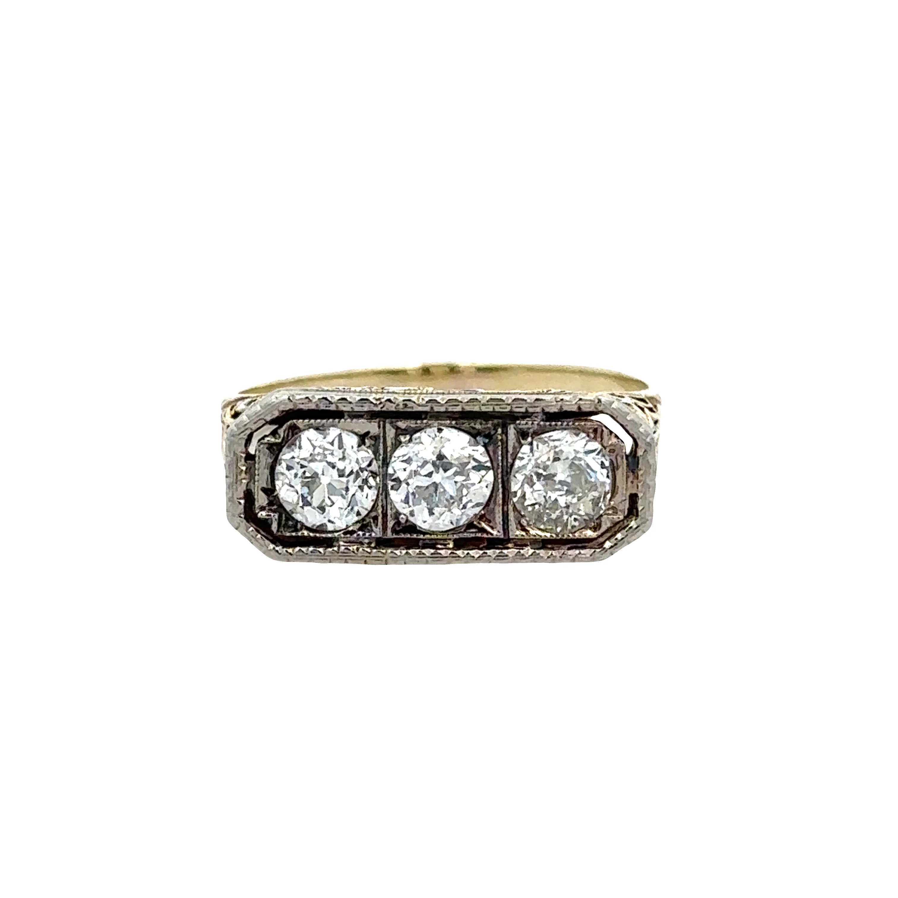 Vintage Art Deco 14k Yellow & White Gold Three Stone Diamond Ring – Size 6.25