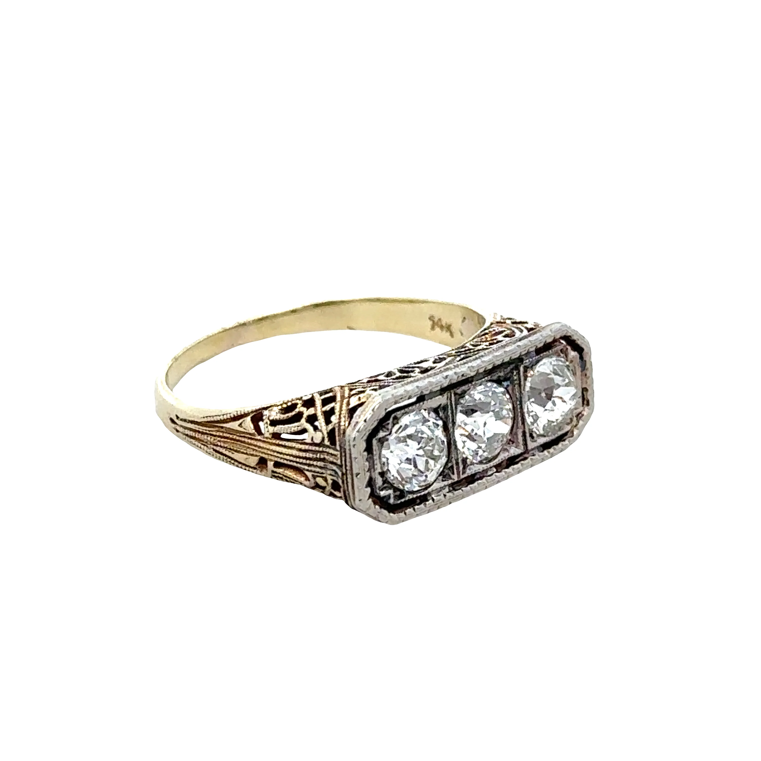 Vintage Art Deco 14k Yellow & White Gold Three Stone Diamond Ring – Size 6.25 - Image 2