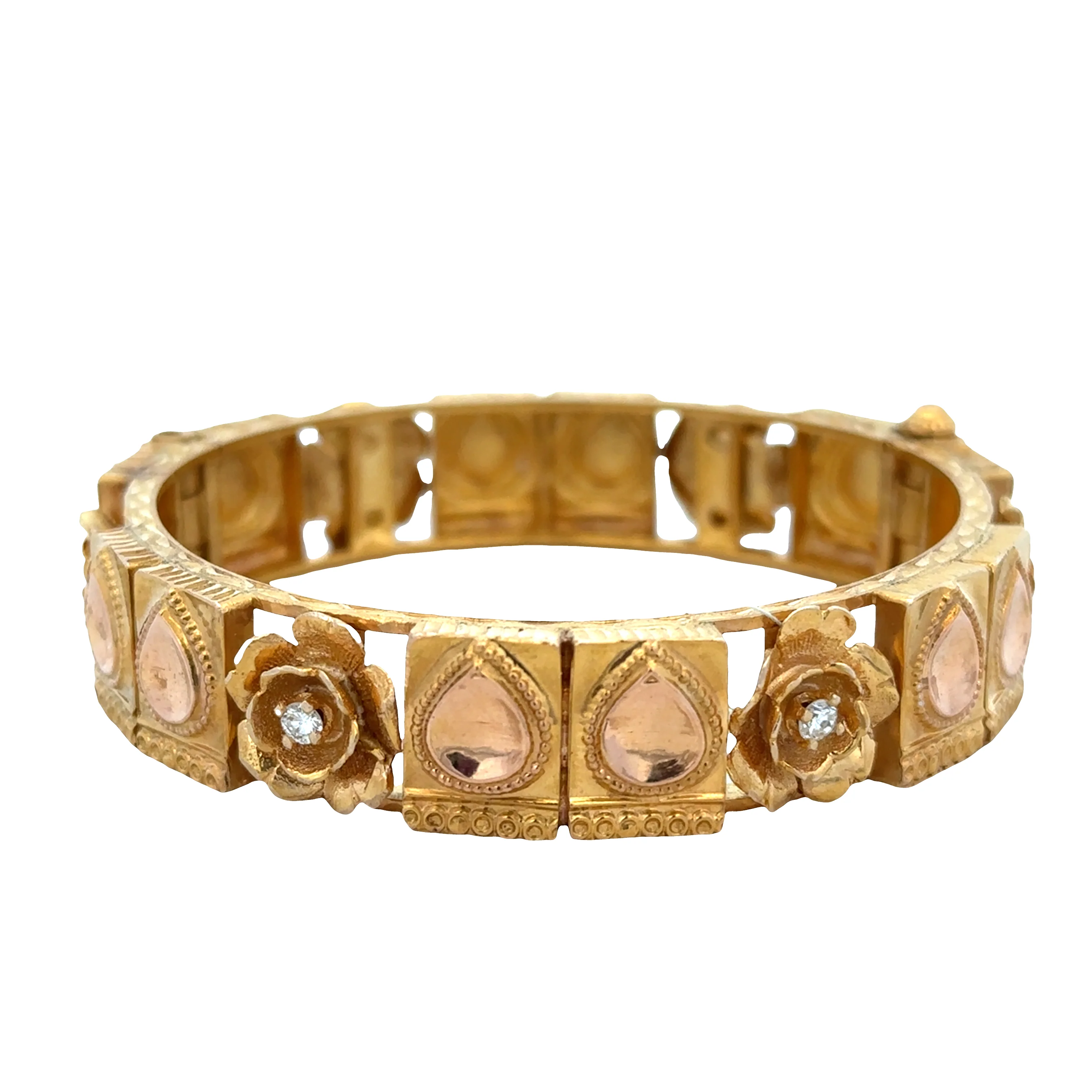 Vintage Indian 18k Yellow Gold Diamond Florette Bangle Bracelet