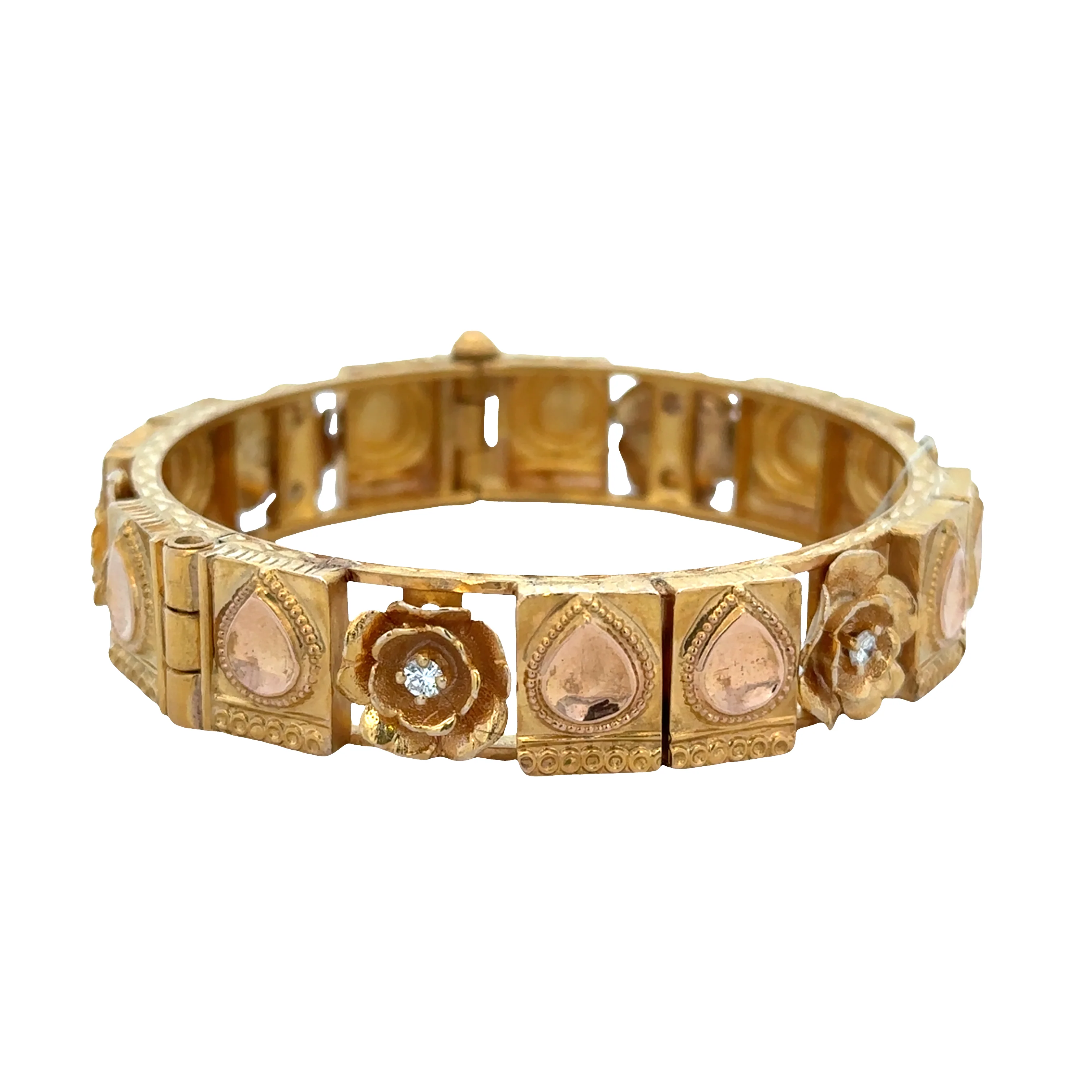 Vintage Indian 18k Yellow Gold Diamond Florette Bangle Bracelet - Image 2