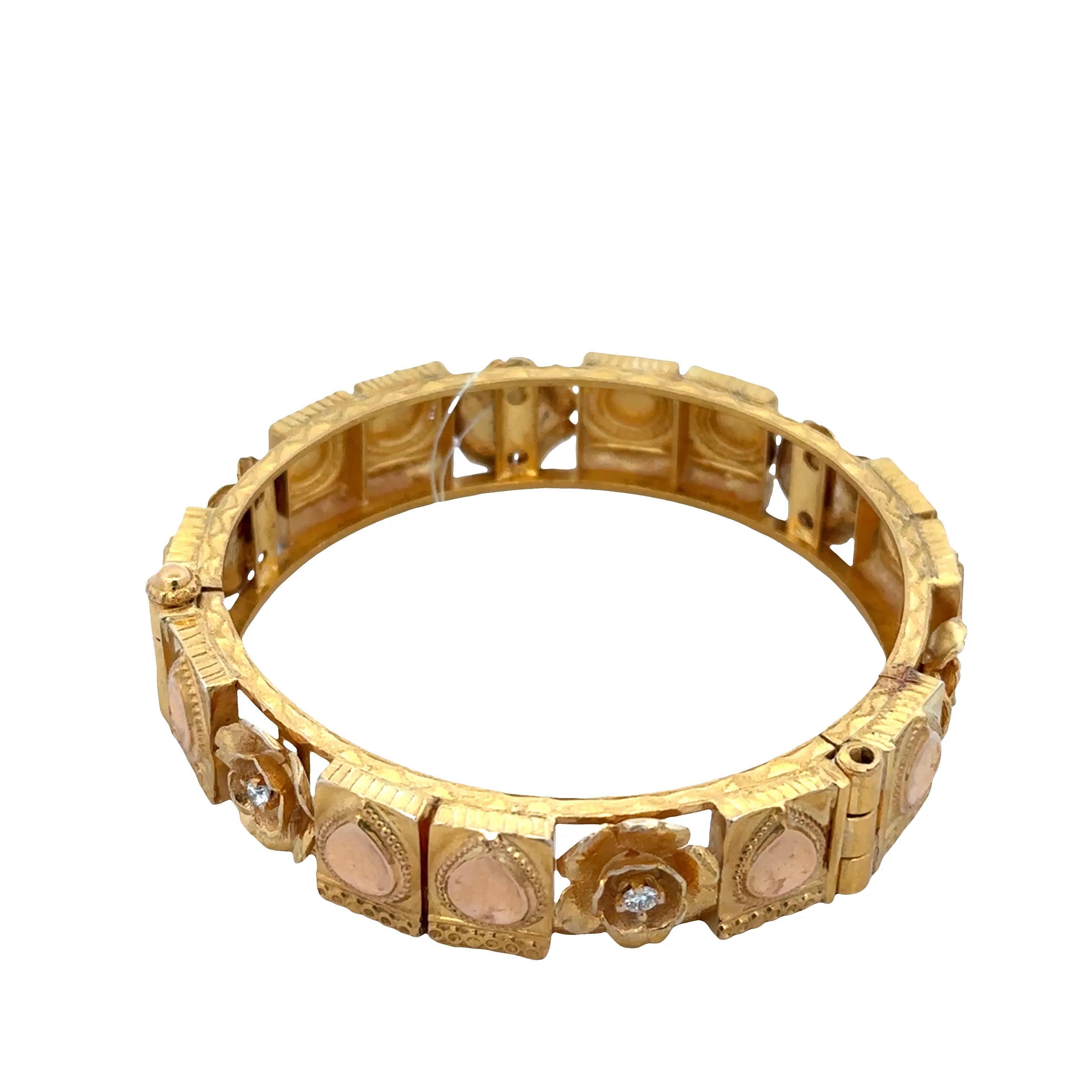 Vintage Indian 18k Yellow Gold Diamond Florette Bangle Bracelet - Image 3