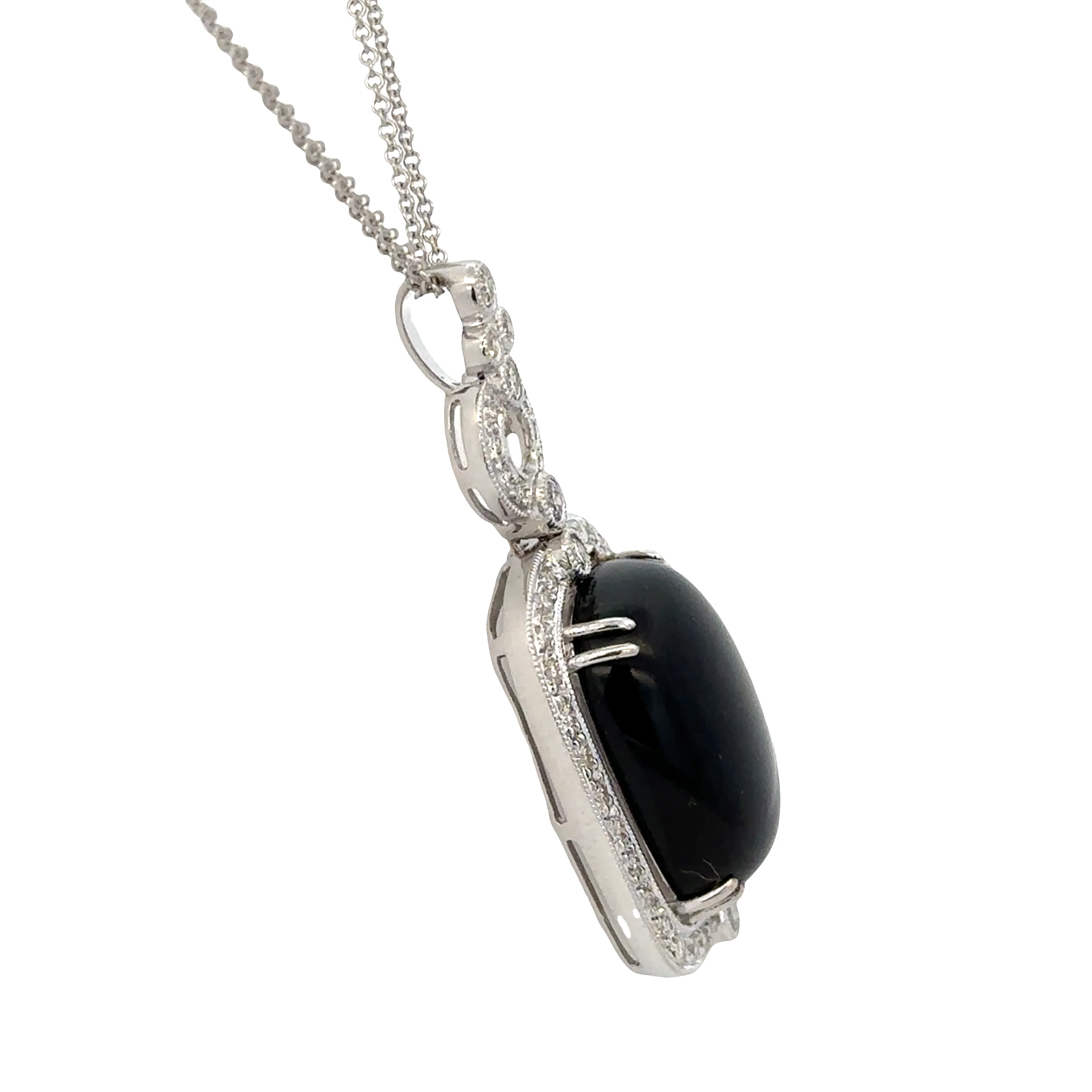 Vintage-Inspired 18k White Gold Black Onyx & Diamond Pendant Necklace - Image 2